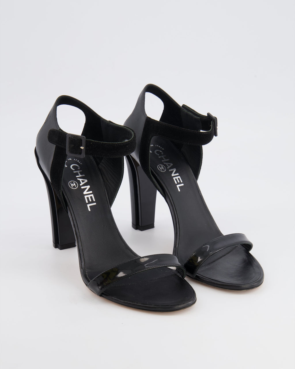Chanel Black Leather Heeled Sandals with Suede Ankle Strap Size EU 39.5