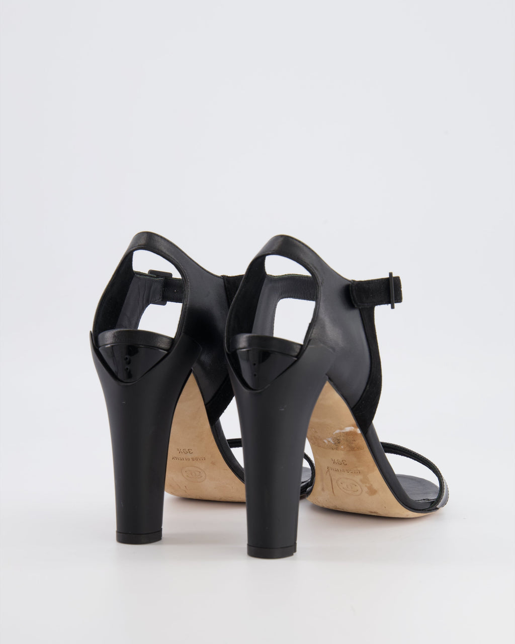 Chanel Black Leather Heeled Sandals with Suede Ankle Strap Size EU 39.5