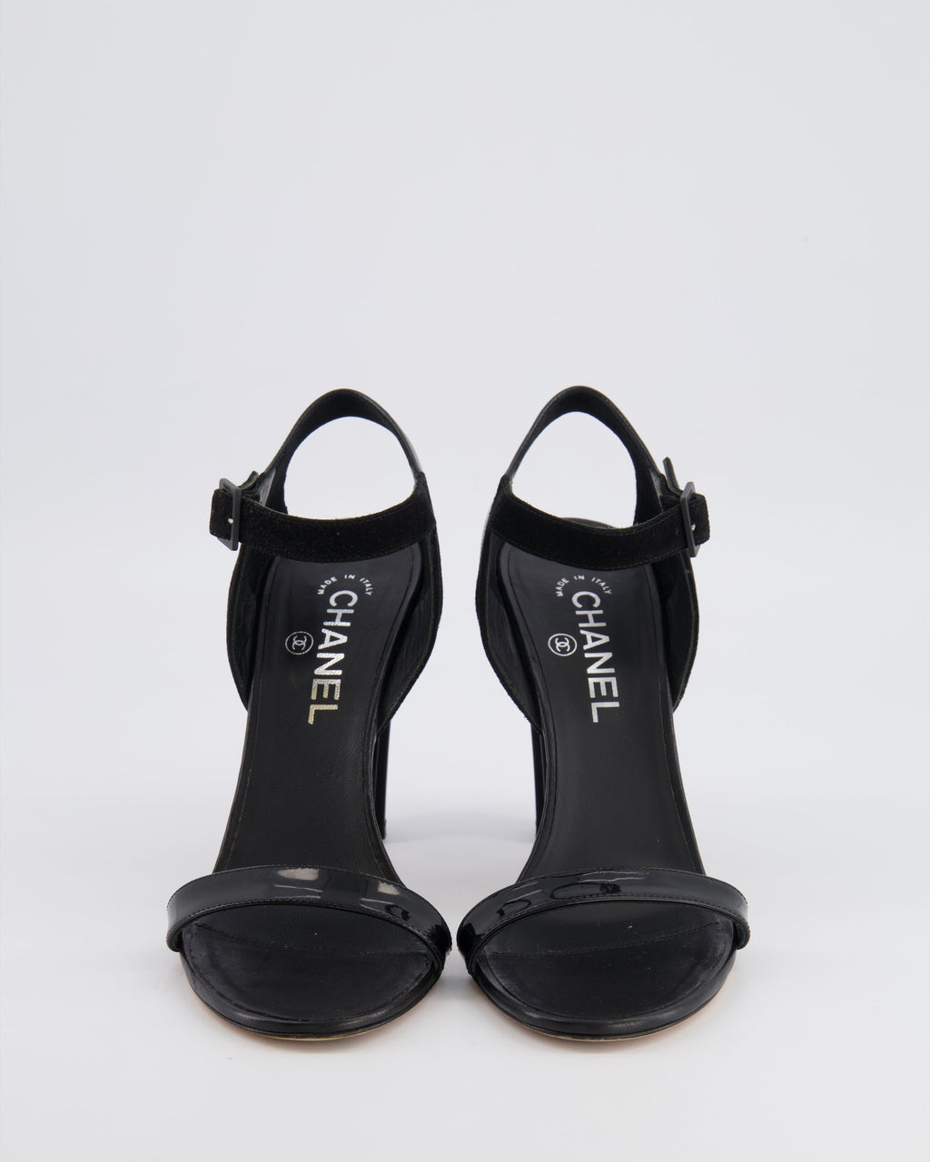 Chanel Black Leather Heeled Sandals with Suede Ankle Strap Size EU 39.5