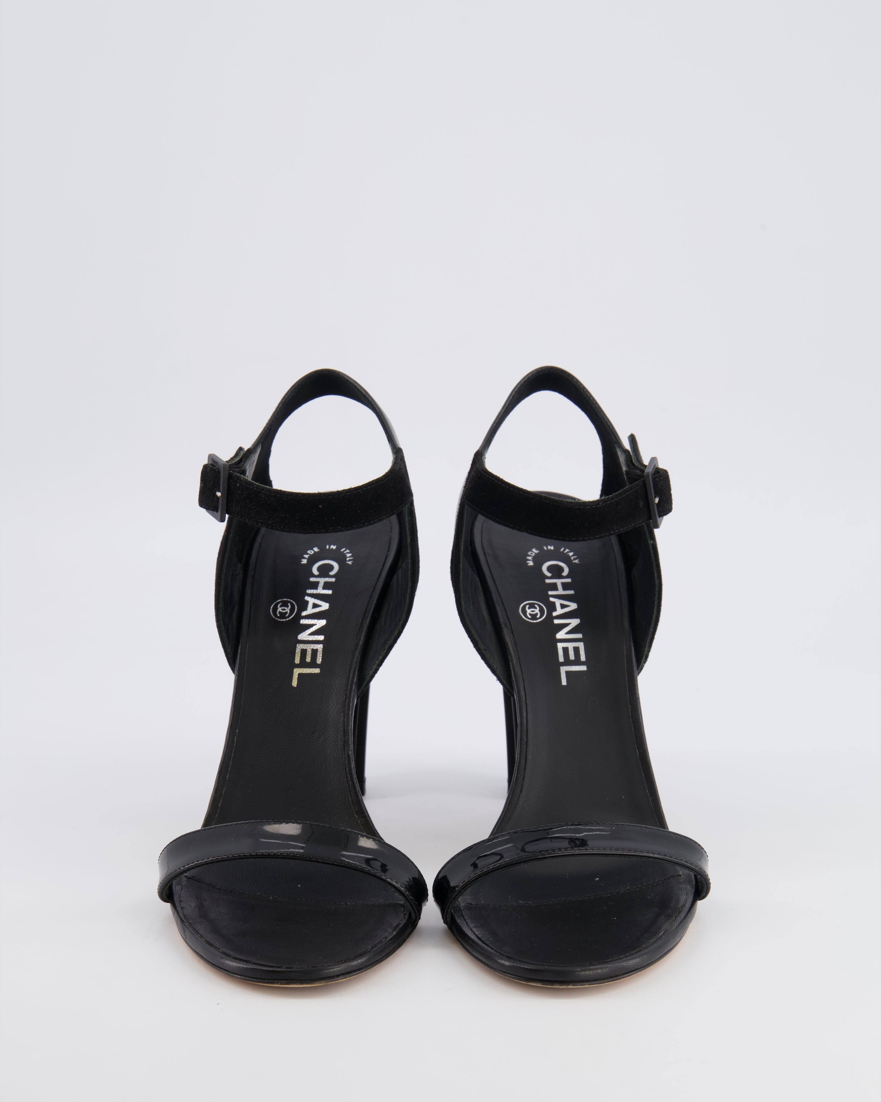Chanel Black Leather Heeled Sandals with Suede Ankle Strap Size EU 39.5