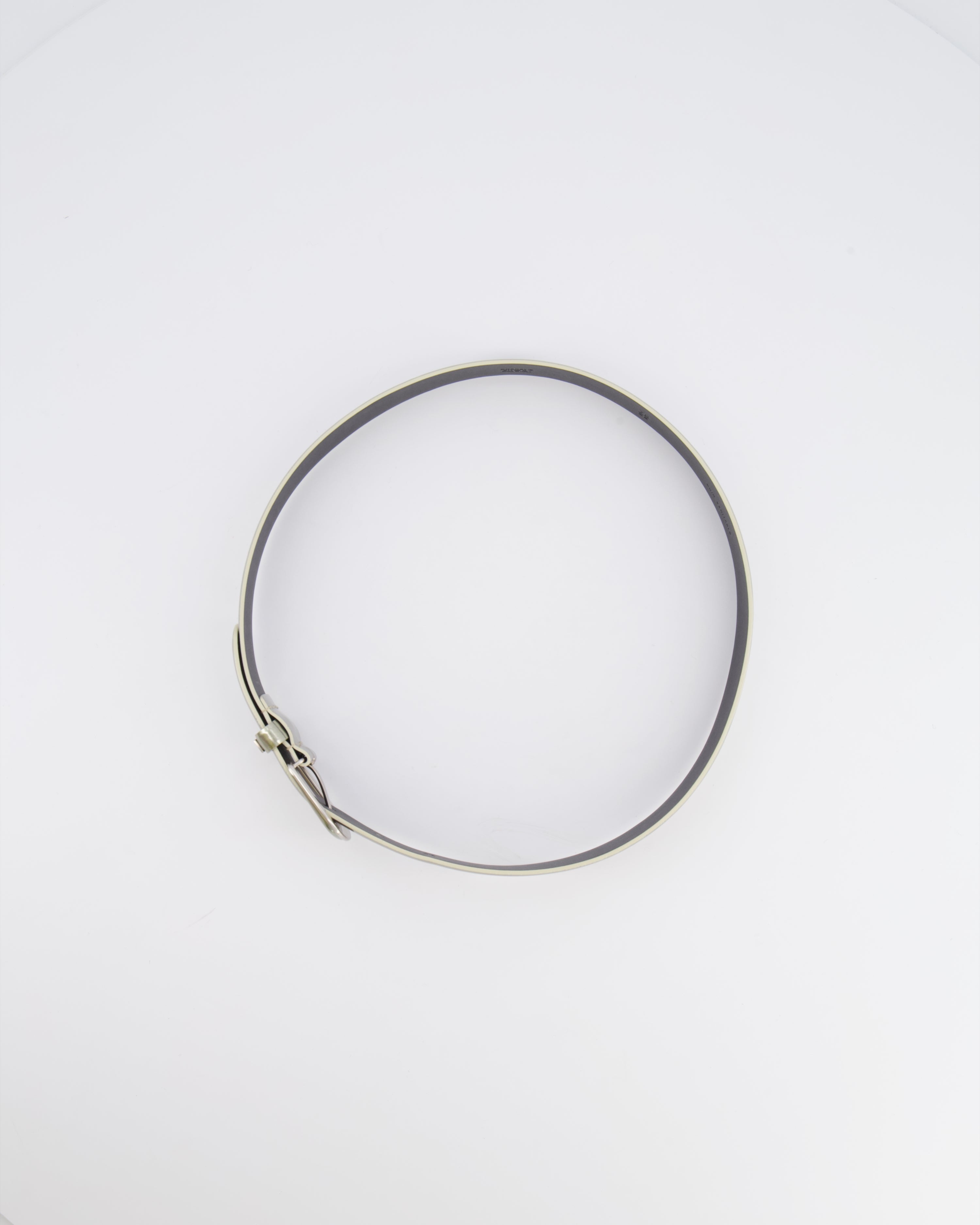 Chanel Silver Metallic Leather Belt with Silver Buckle and Logo Plate Detail 70cm