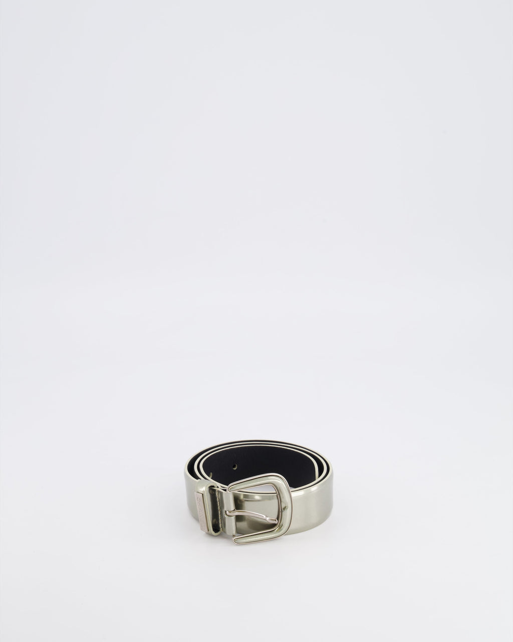 Chanel Silver Metallic Leather Belt with Silver Buckle and Logo Plate Detail 70cm