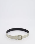 Chanel Silver Metallic Leather Belt with Silver Buckle and Logo Plate Detail 70cm