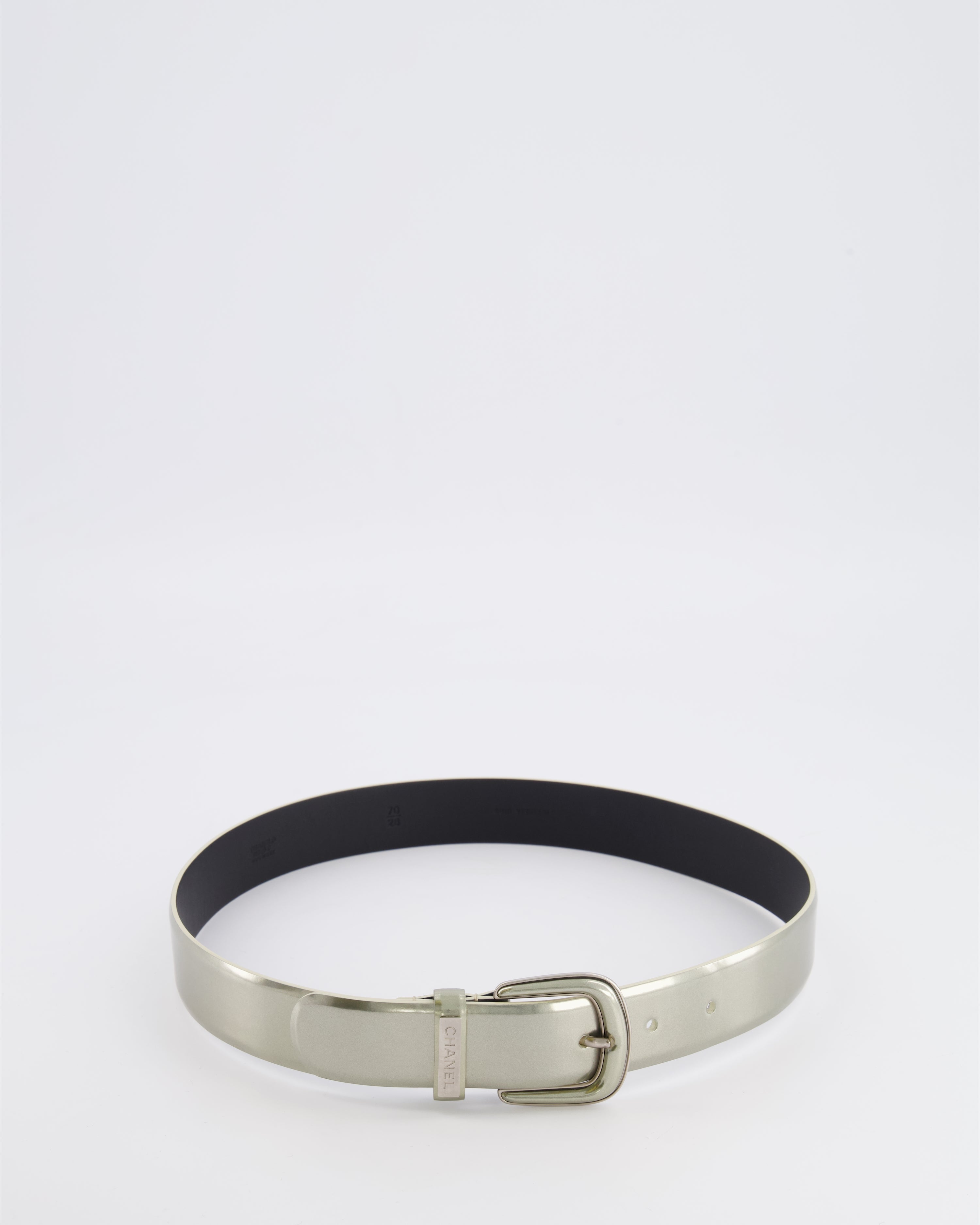 Chanel Silver Metallic Leather Belt with Silver Buckle and Logo Plate Detail 70cm