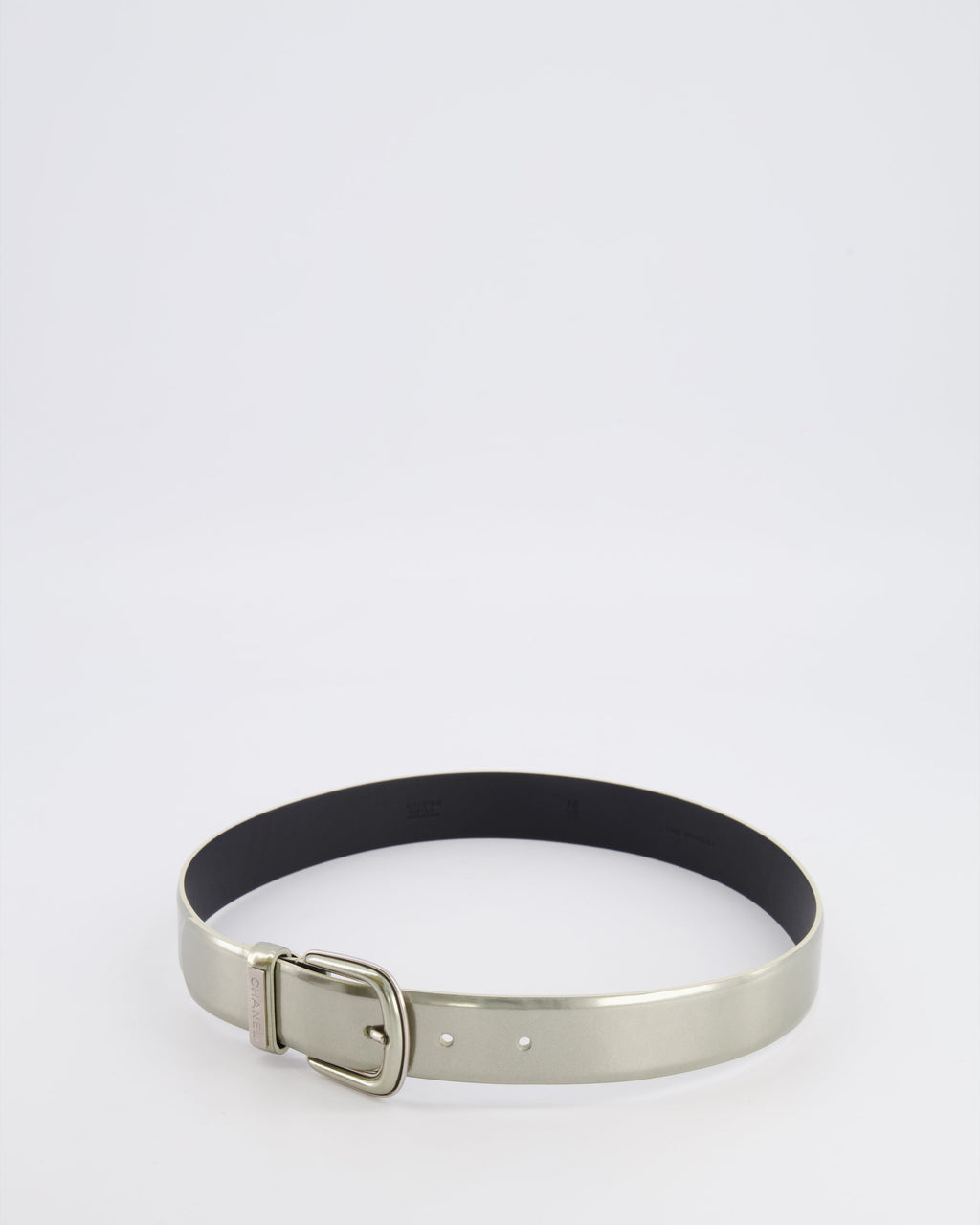 Chanel Silver Metallic Leather Belt with Silver Buckle and Logo Plate Detail 70cm