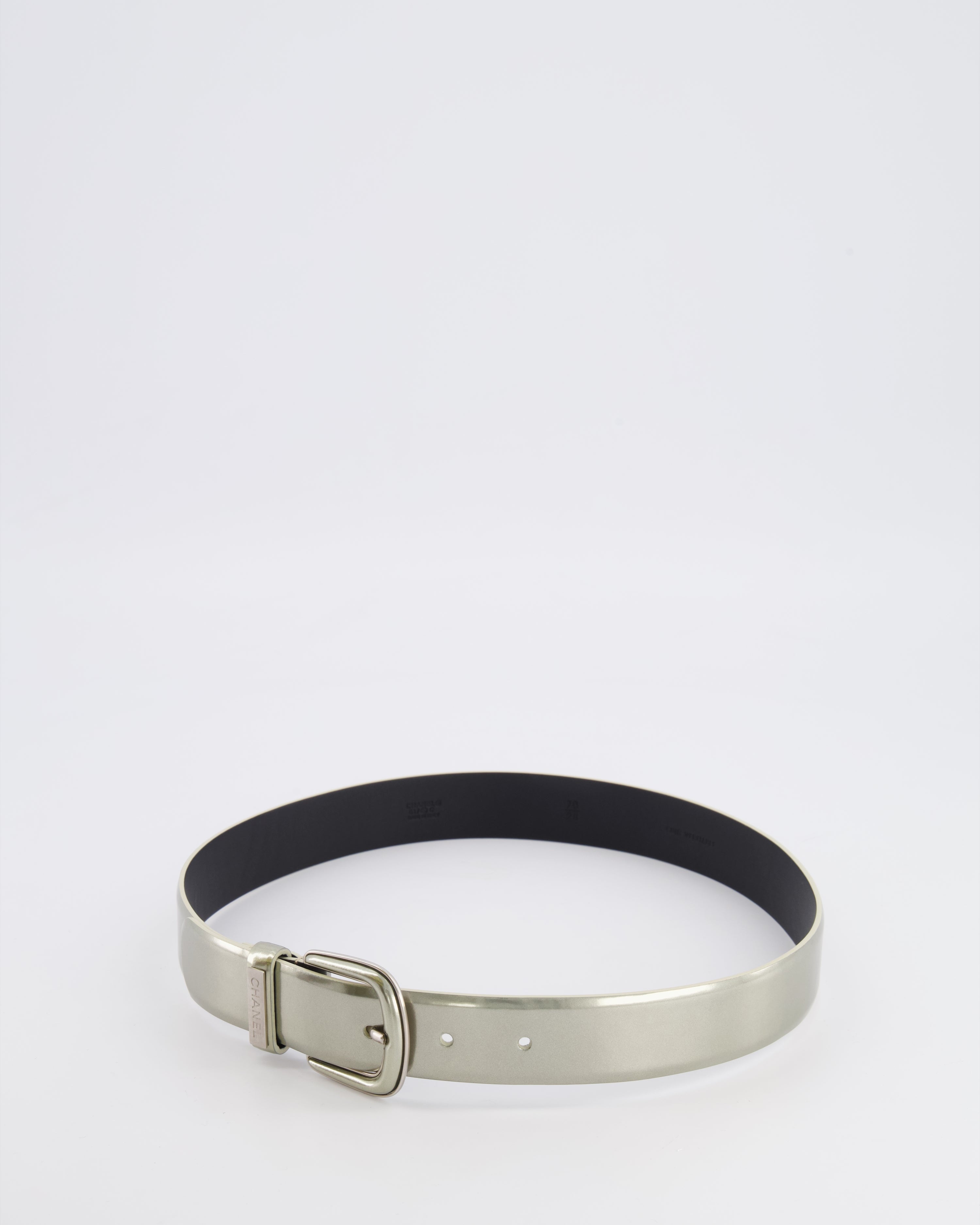 Chanel Silver Metallic Leather Belt with Silver Buckle and Logo Plate Detail 70cm