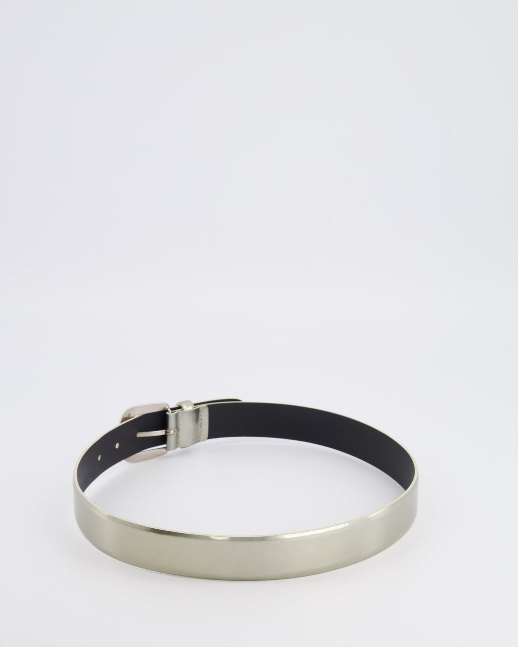 Chanel Silver Metallic Leather Belt with Silver Buckle and Logo Plate Detail 70cm