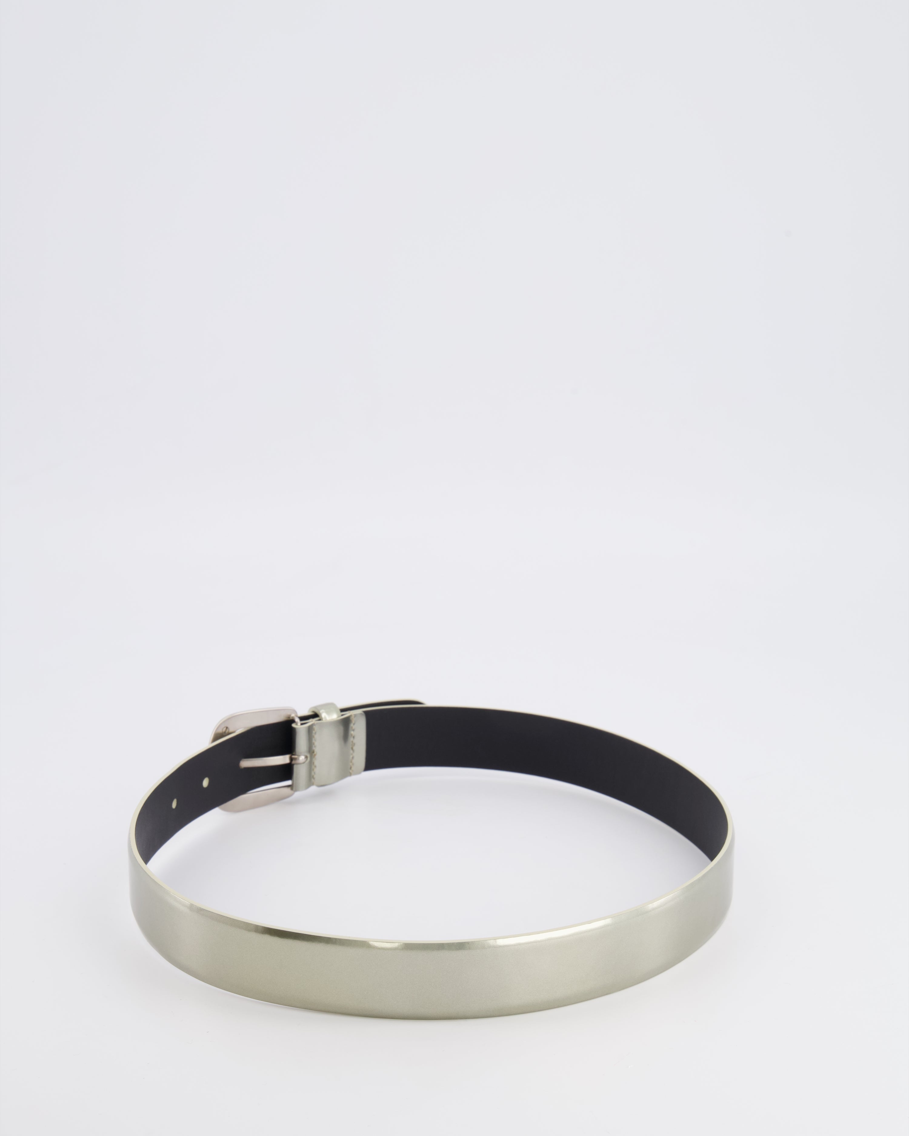 Chanel Silver Metallic Leather Belt with Silver Buckle and Logo Plate Detail 70cm