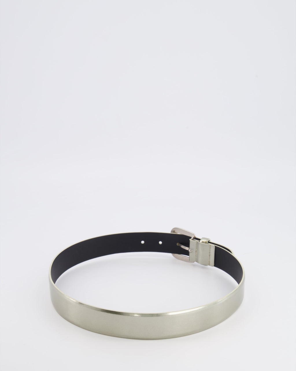 Chanel Silver Metallic Leather Belt with Silver Buckle and Logo Plate Detail 70cm