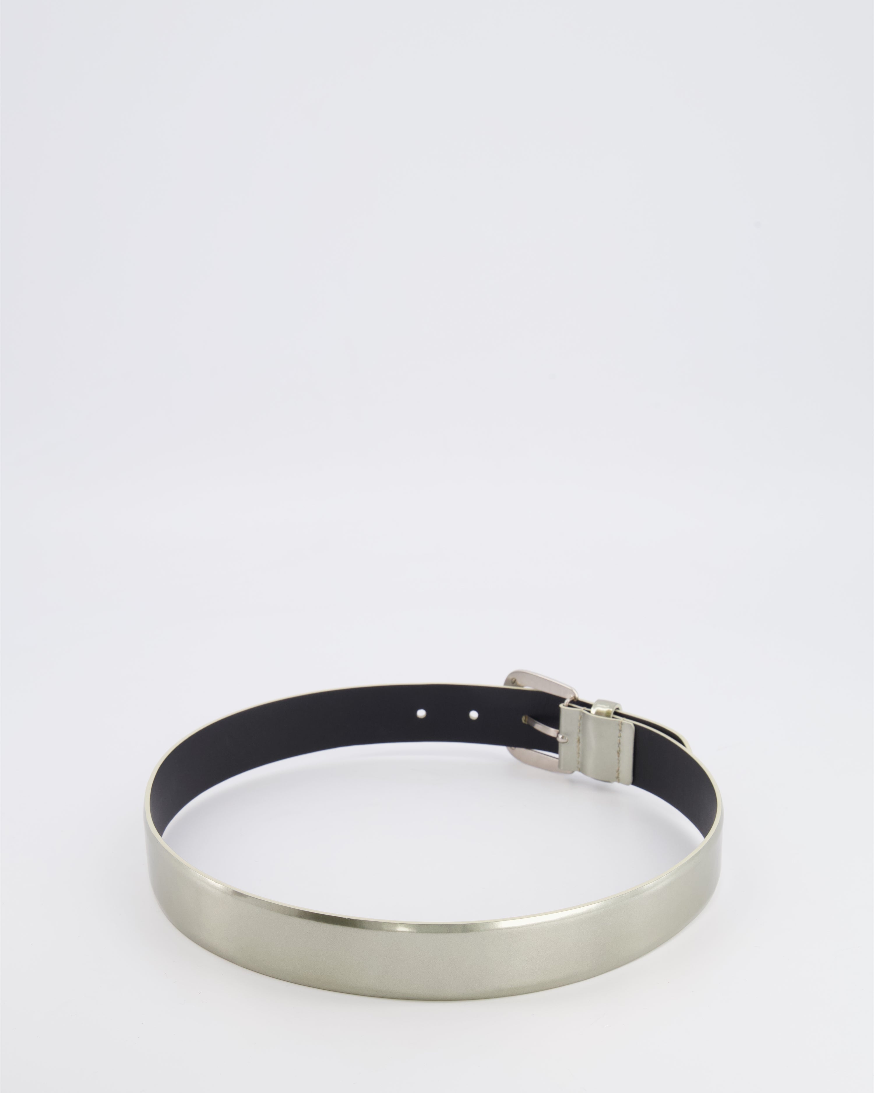 Chanel Silver Metallic Leather Belt with Silver Buckle and Logo Plate Detail 70cm