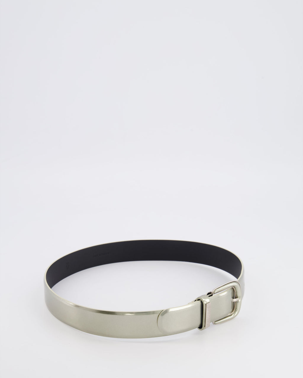 Chanel Silver Metallic Leather Belt with Silver Buckle and Logo Plate Detail 70cm