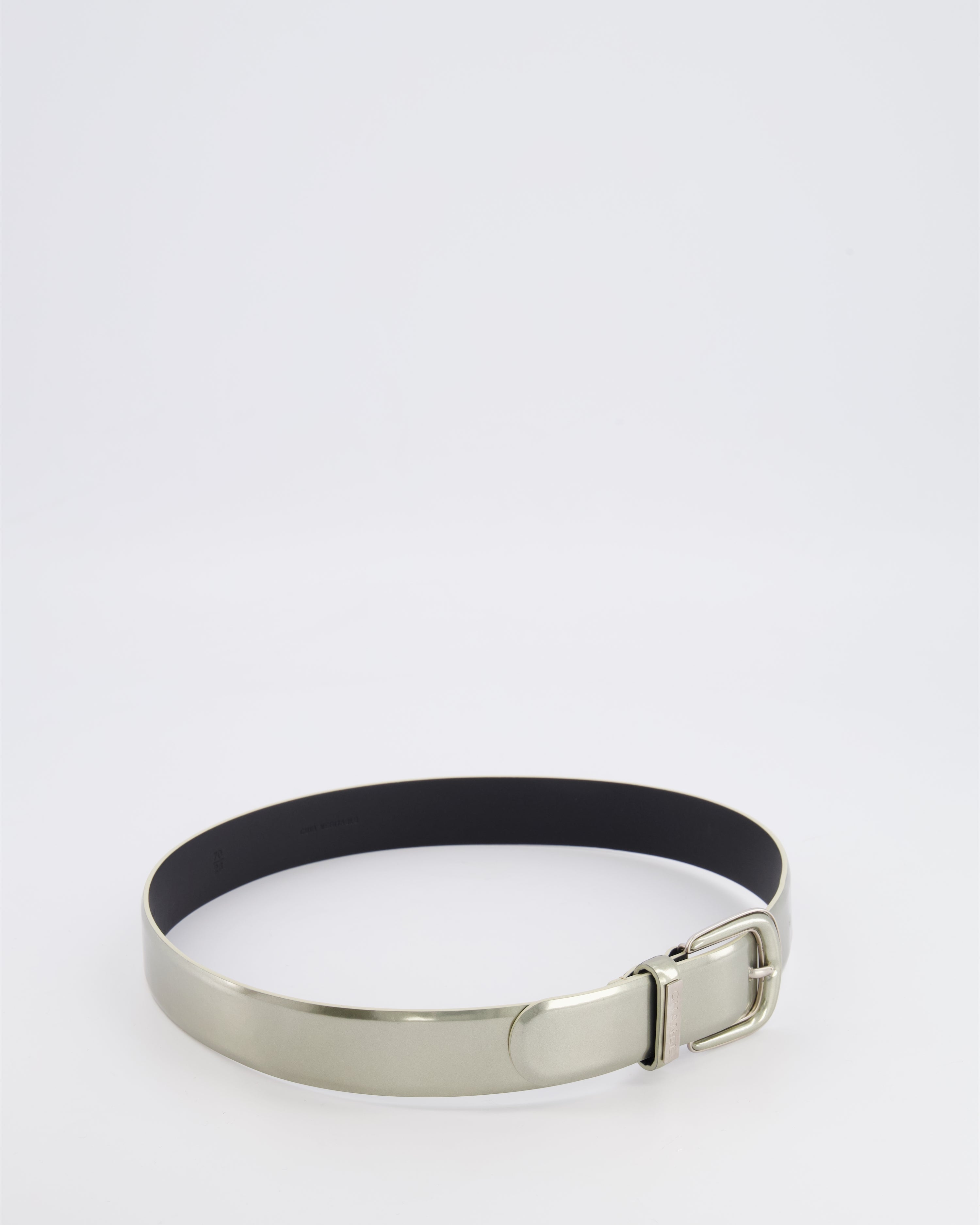 Chanel Silver Metallic Leather Belt with Silver Buckle and Logo Plate Detail 70cm