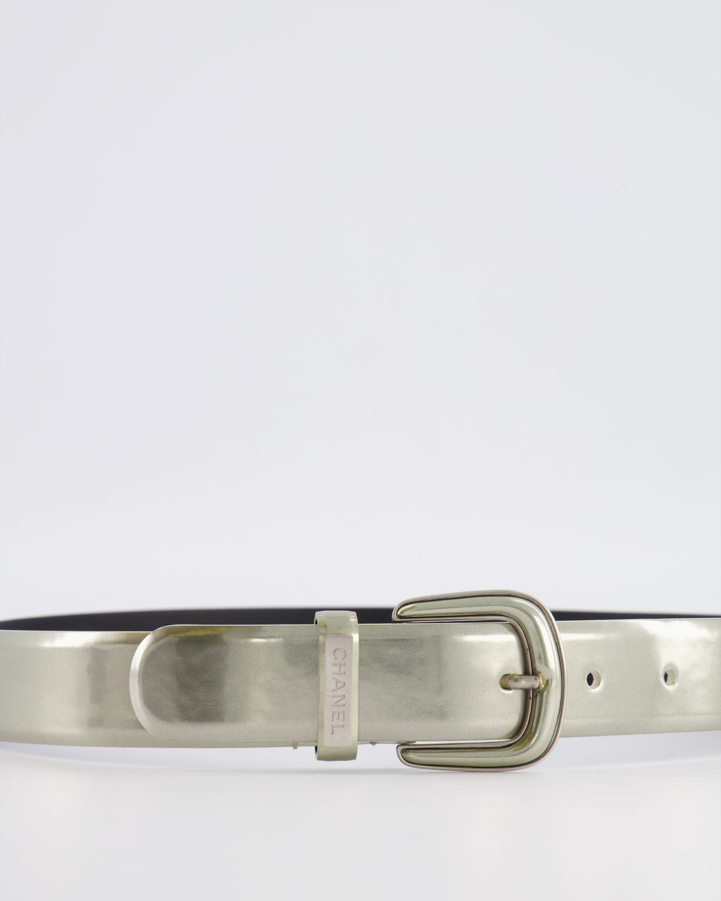 Chanel Silver Metallic Leather Belt with Silver Buckle and Logo Plate Detail 70cm