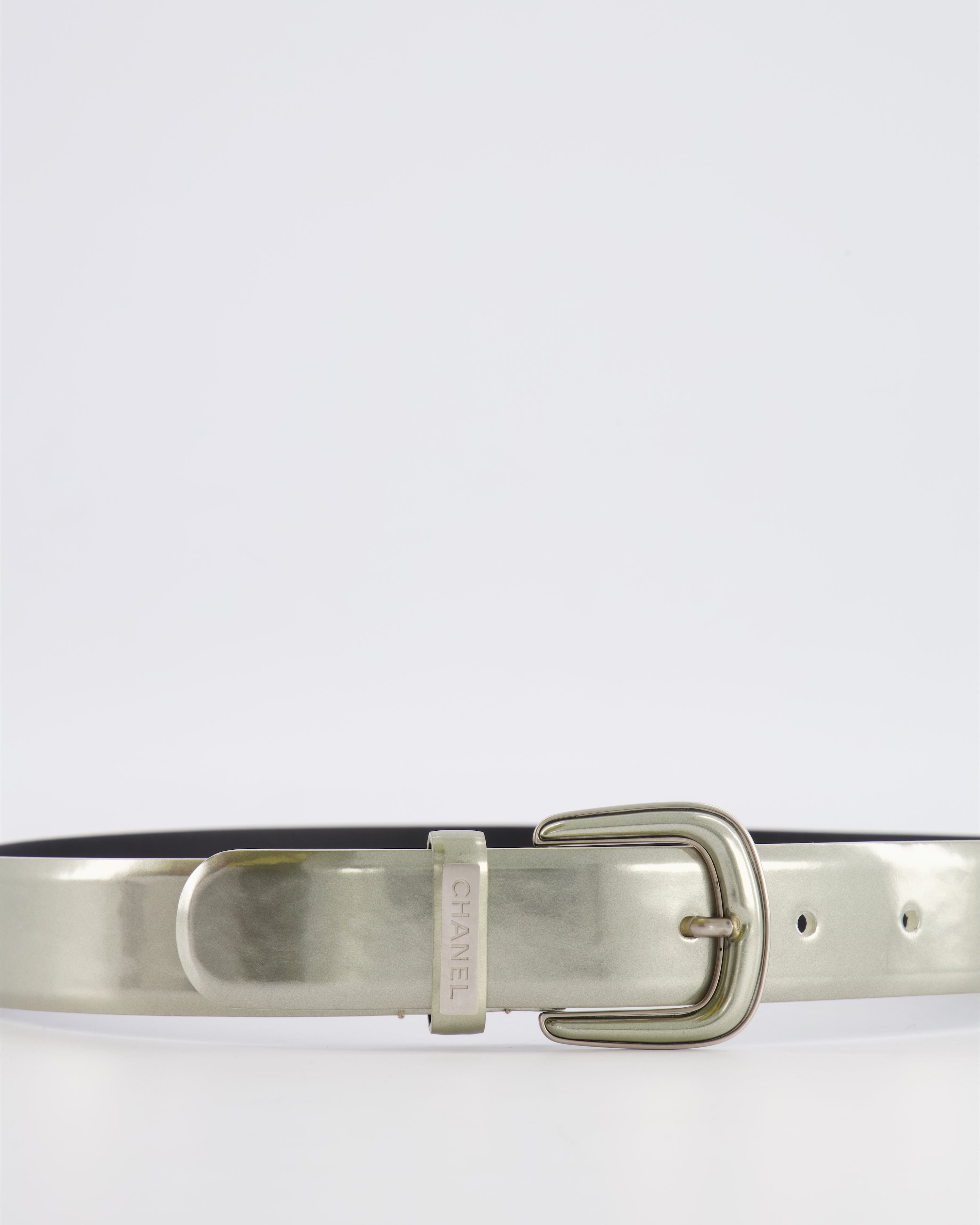 Chanel Silver Metallic Leather Belt with Silver Buckle and Logo Plate Detail 70cm