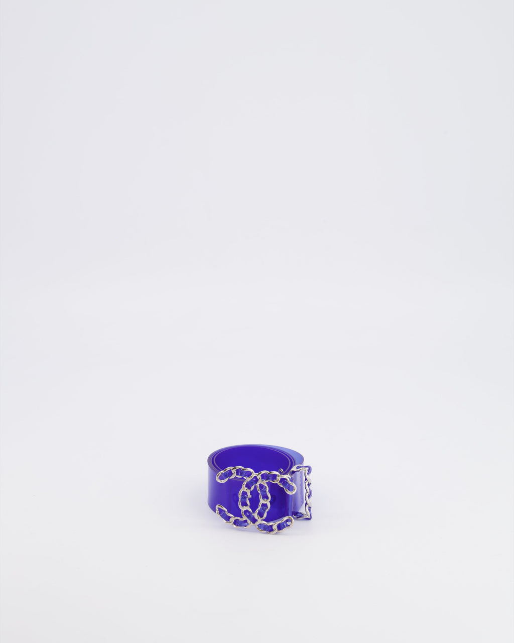 Chanel 18C Blue PVC Belt with Silver CC Chain Logo Buckle 65cm