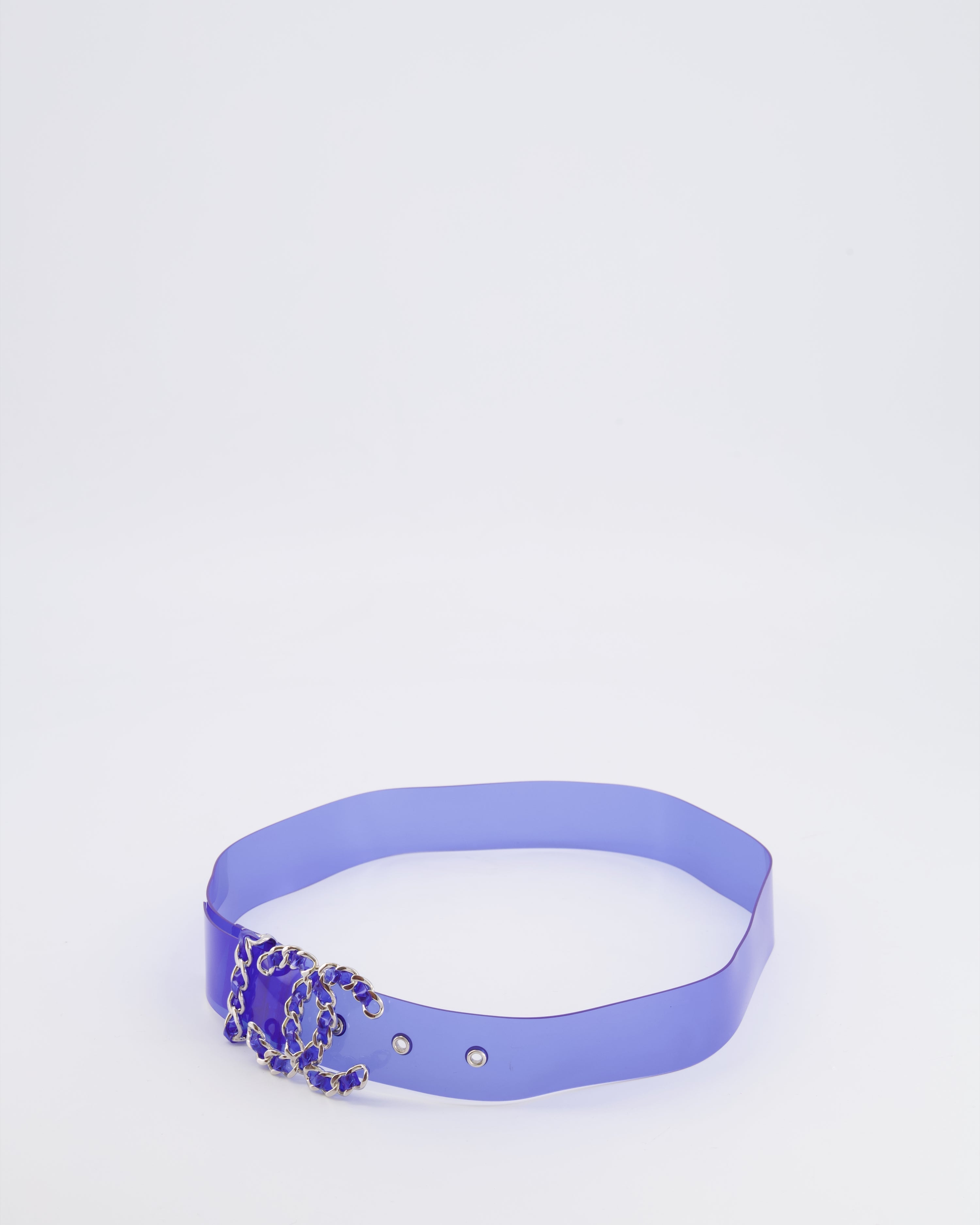 Chanel 18C Blue PVC Belt with Silver CC Chain Logo Buckle 65cm