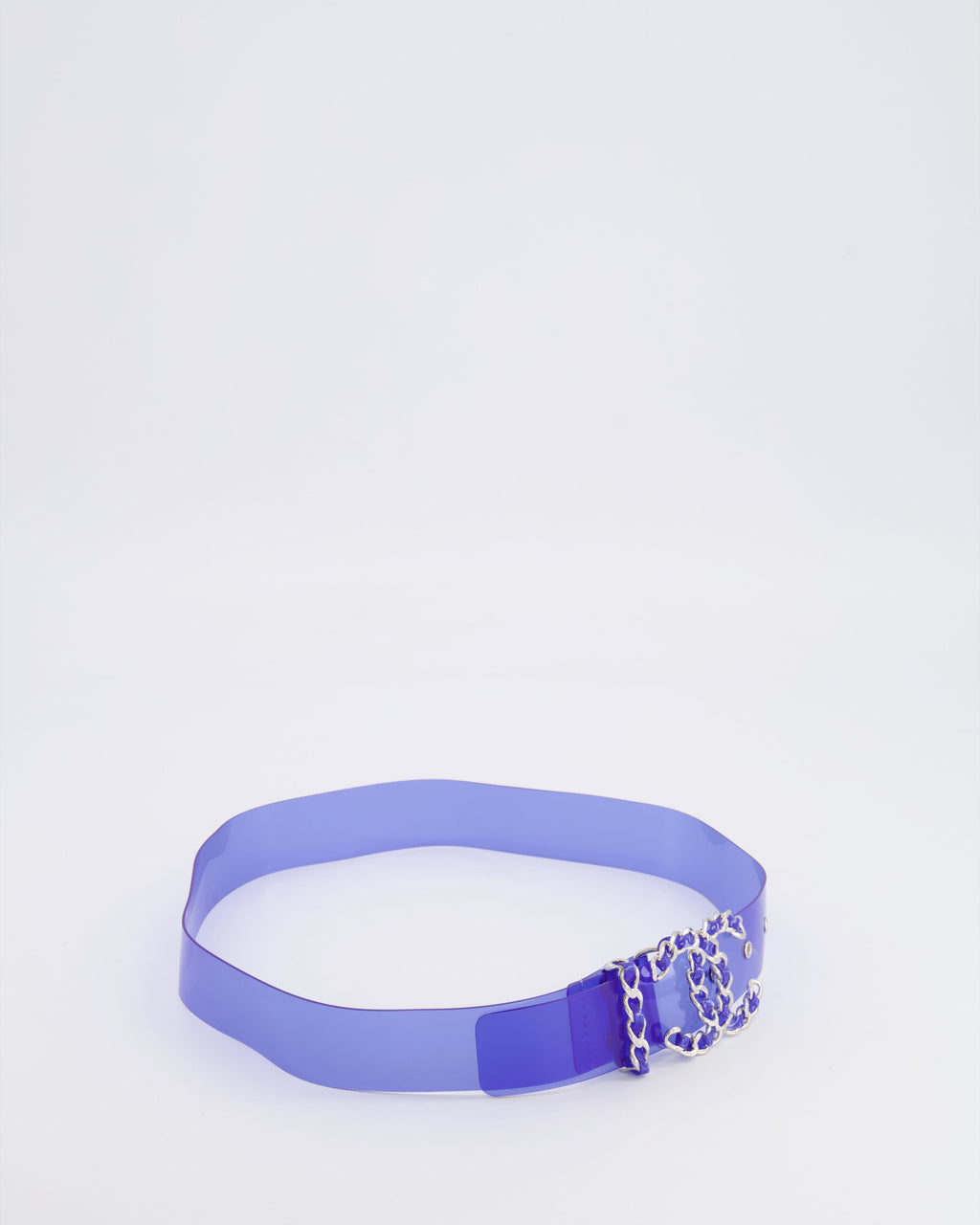 Chanel 18C Blue PVC Belt with Silver CC Chain Logo Buckle 65cm