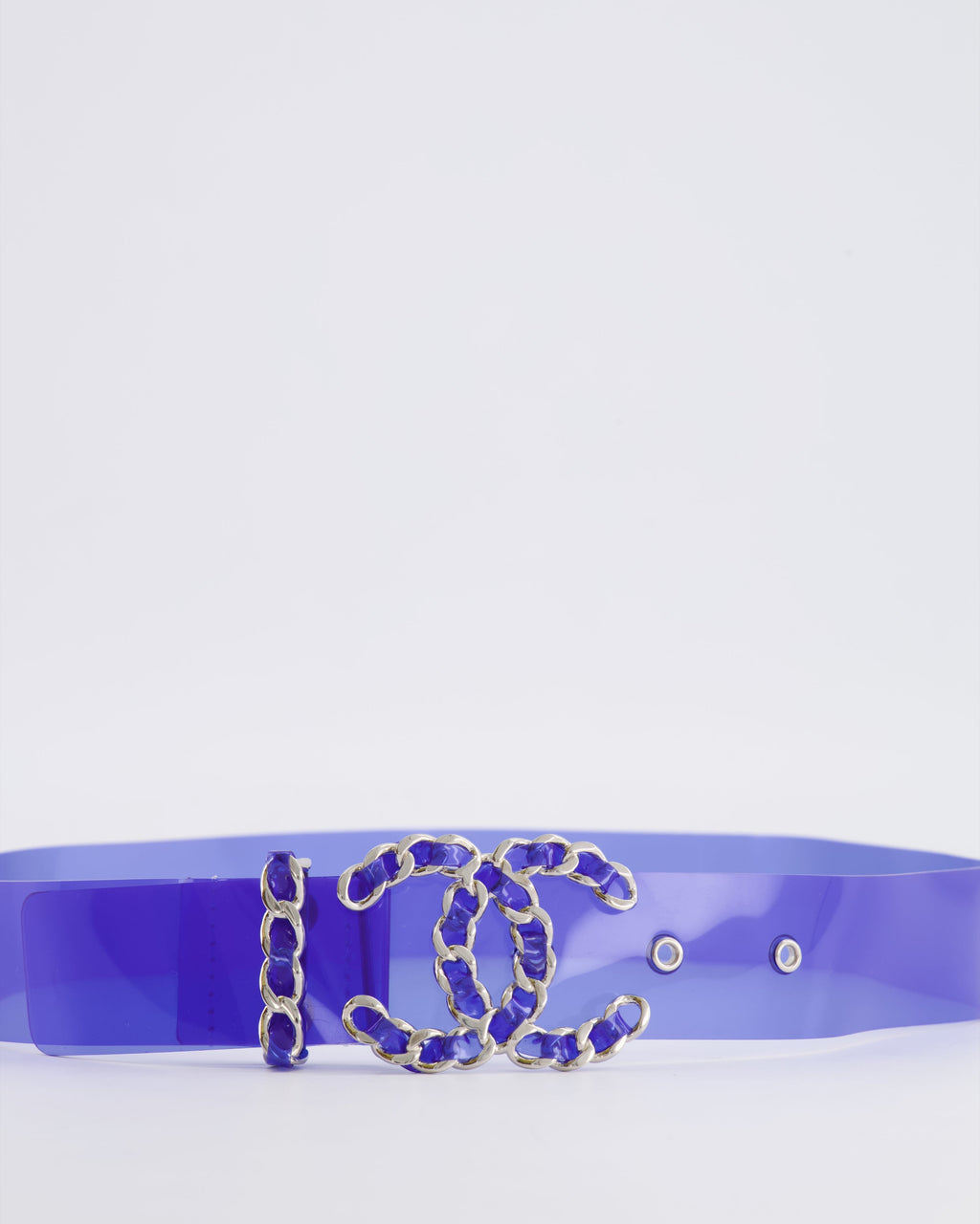 Chanel 18C Blue PVC Belt with Silver CC Chain Logo Buckle 65cm