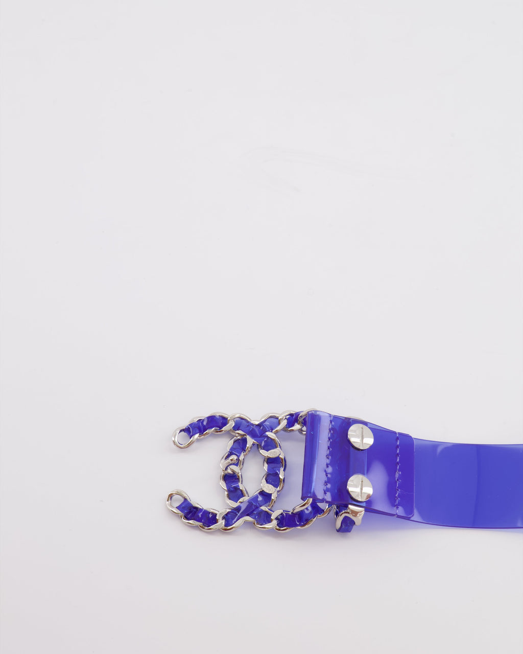 Chanel 18C Blue PVC Belt with Silver CC Chain Logo Buckle 65cm