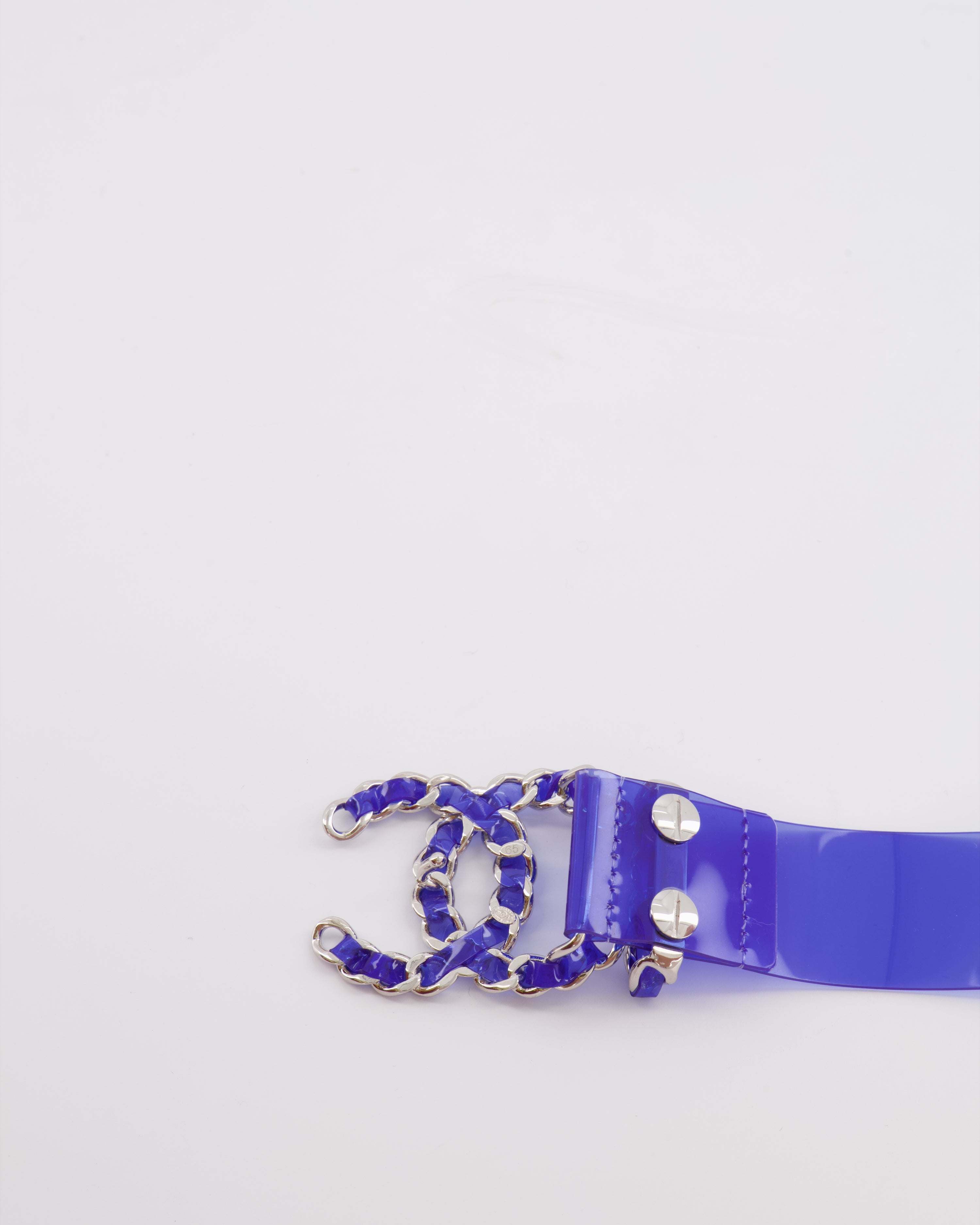 Chanel 18C Blue PVC Belt with Silver CC Chain Logo Buckle 65cm