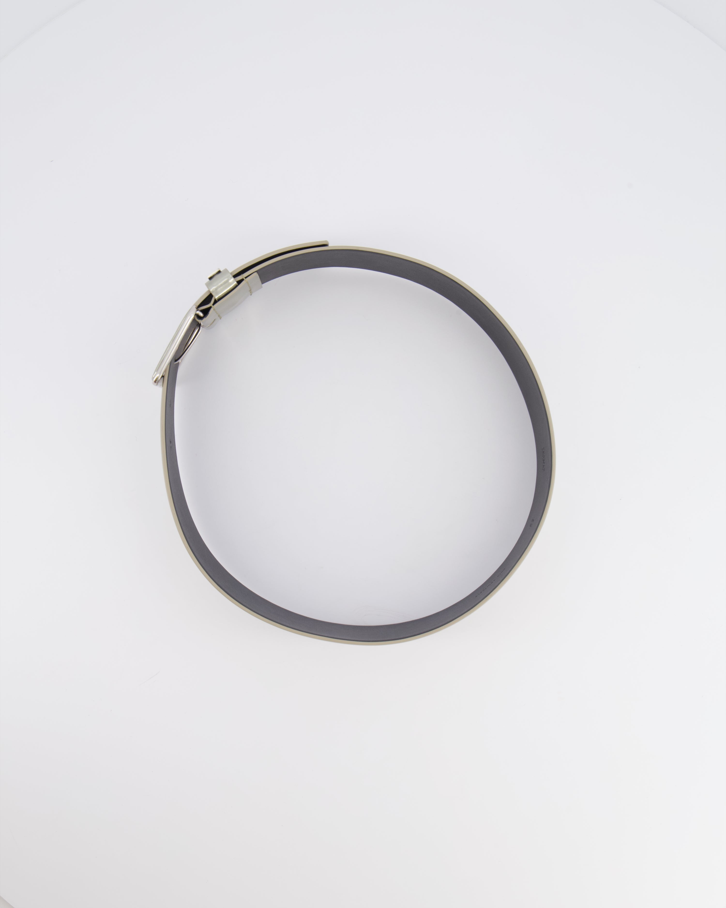 Chanel Silver Metallic Leather Large Belt with Silver Buckle and Engraved Logo Plate Detail 70cm