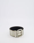Chanel Silver Metallic Leather Large Belt with Silver Buckle and Engraved Logo Plate Detail 70cm