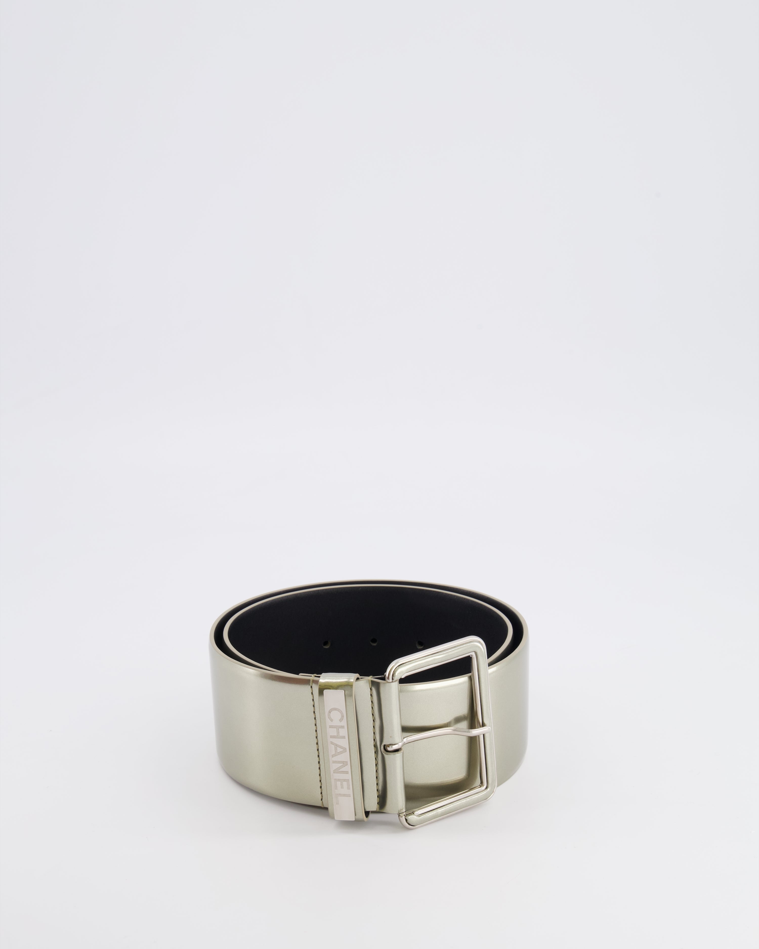 Chanel Silver Metallic Leather Large Belt with Silver Buckle and Engraved Logo Plate Detail 70cm