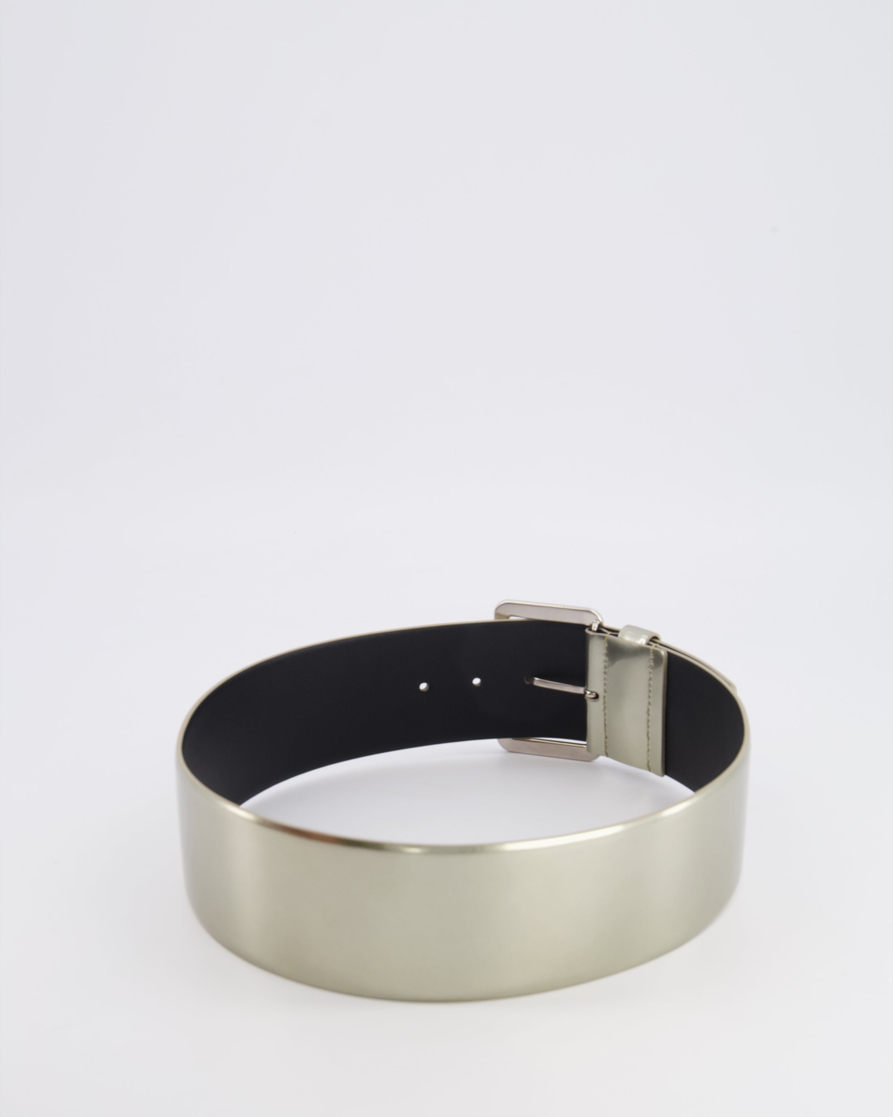 Chanel Silver Metallic Leather Large Belt with Silver Buckle and Engraved Logo Plate Detail 70cm
