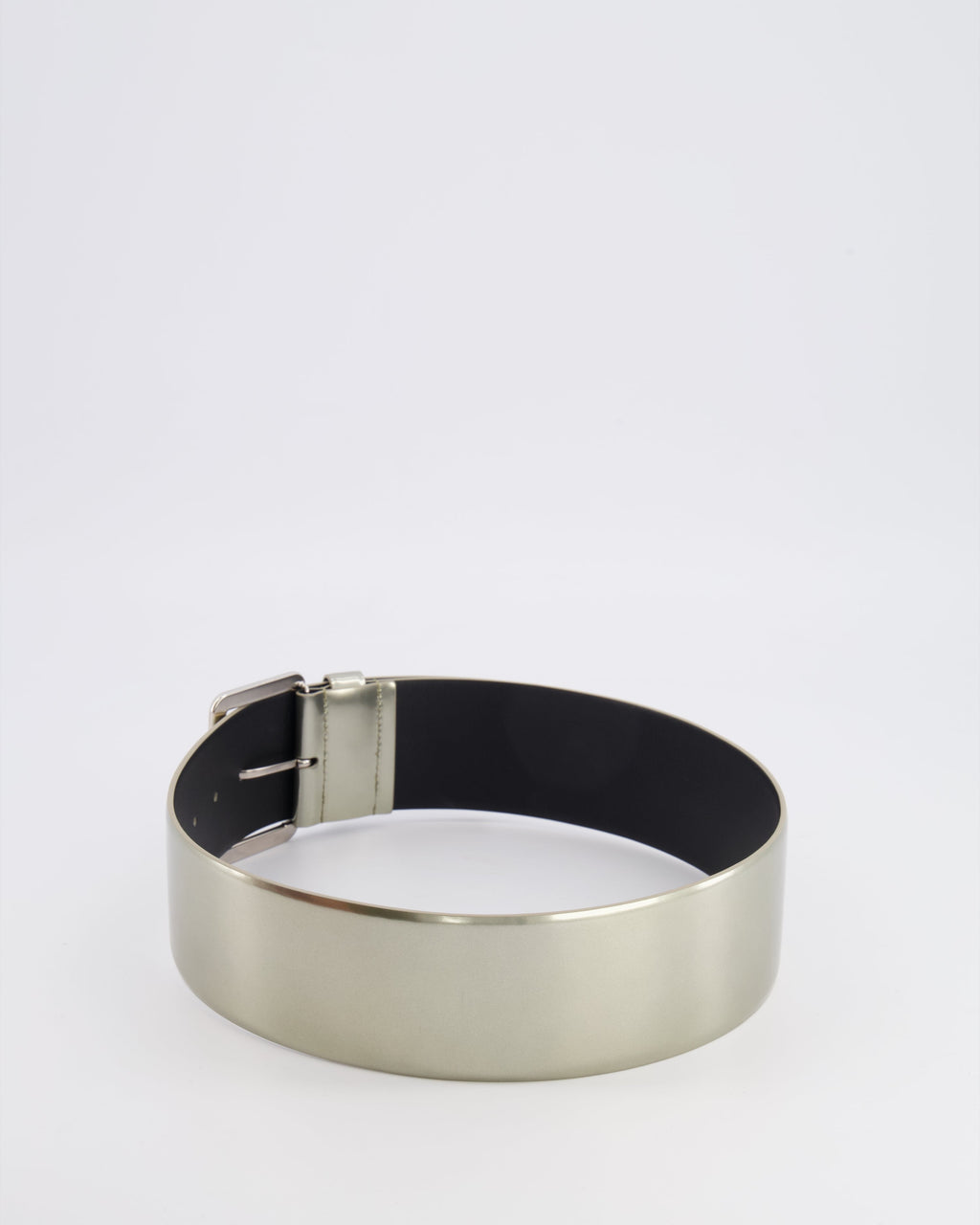 Chanel Silver Metallic Leather Large Belt with Silver Buckle and Engraved Logo Plate Detail 70cm