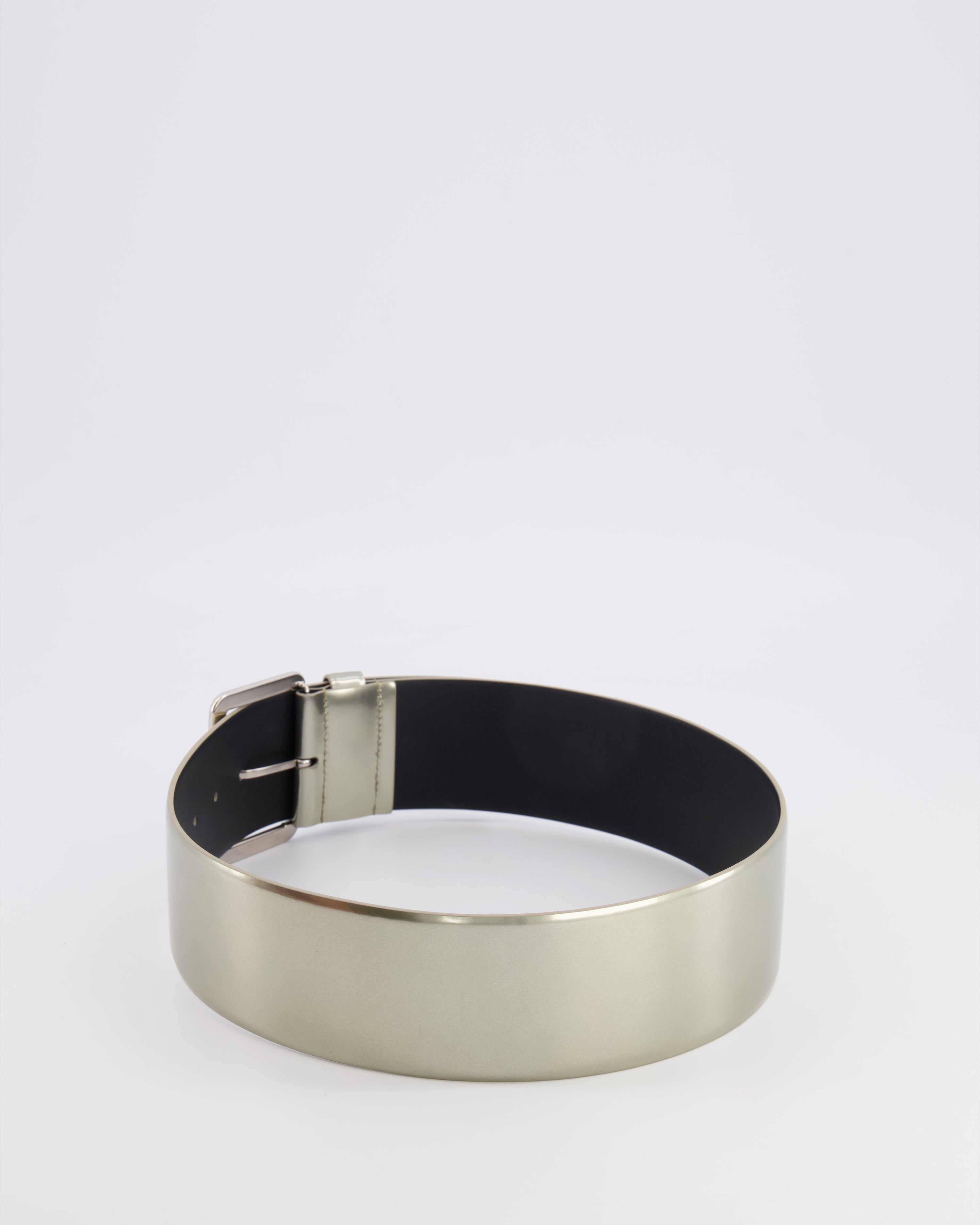 Chanel Silver Metallic Leather Large Belt with Silver Buckle and Engraved Logo Plate Detail 70cm