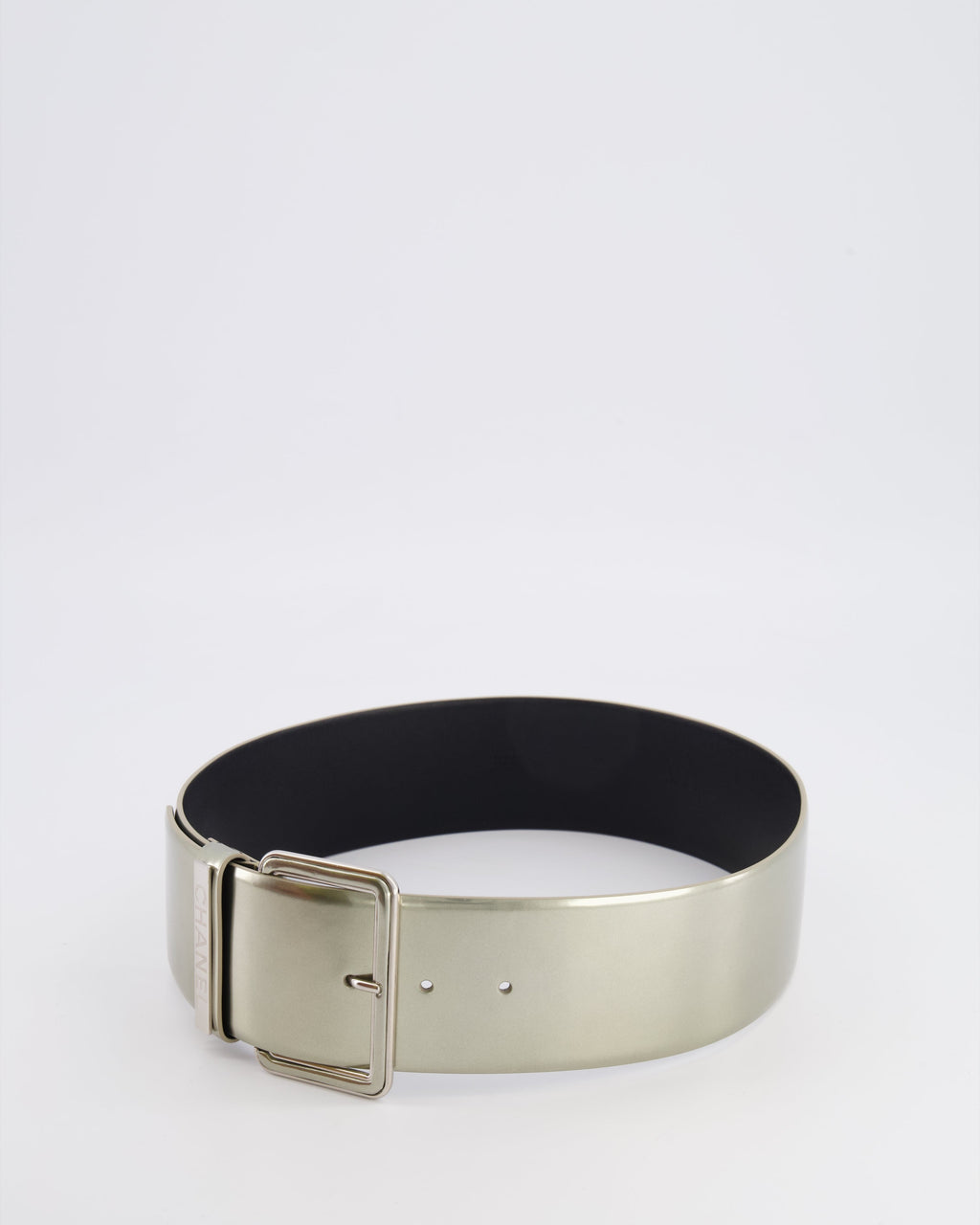 Chanel Silver Metallic Leather Large Belt with Silver Buckle and Engraved Logo Plate Detail 70cm