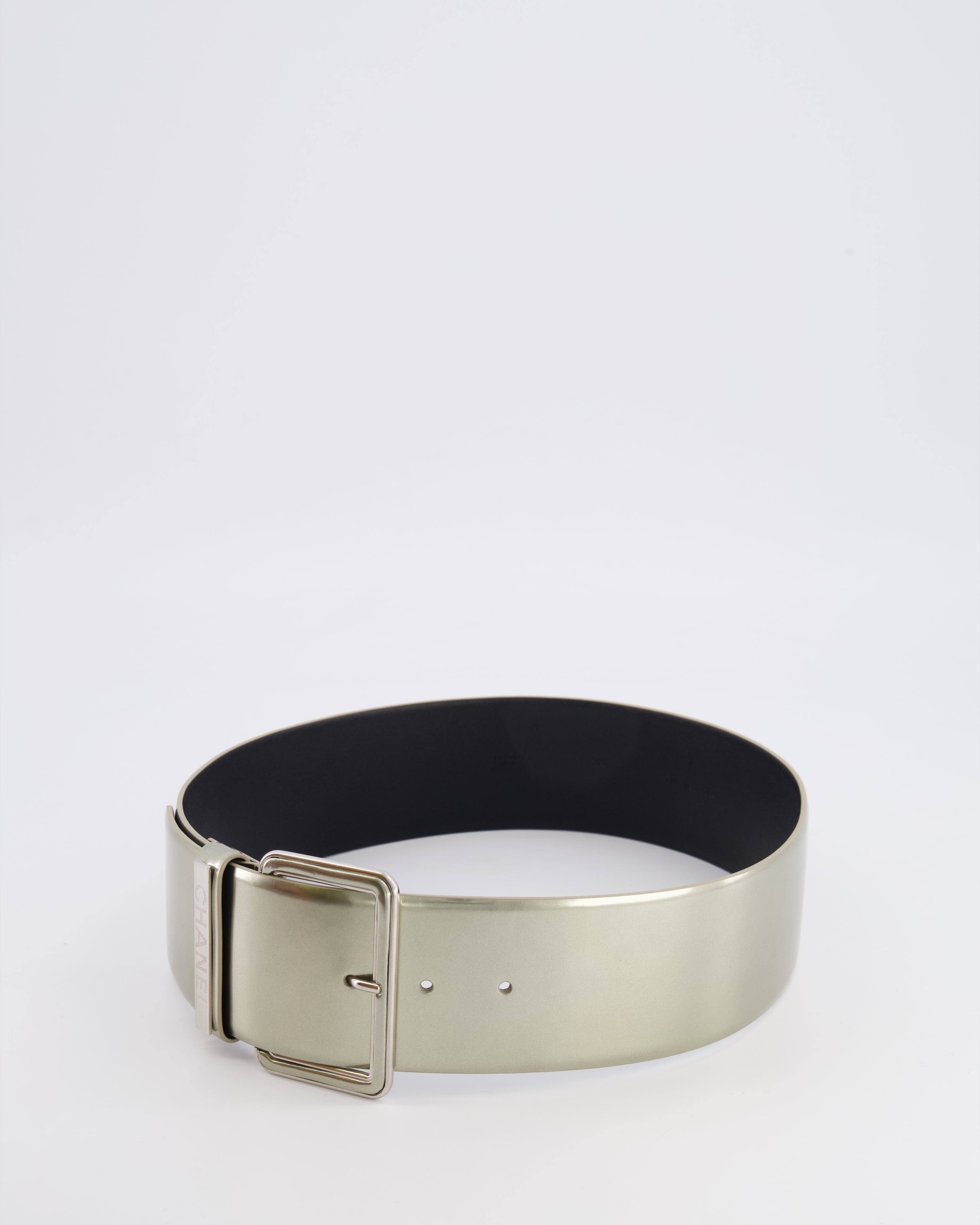 Chanel Silver Metallic Leather Large Belt with Silver Buckle and Engraved Logo Plate Detail 70cm