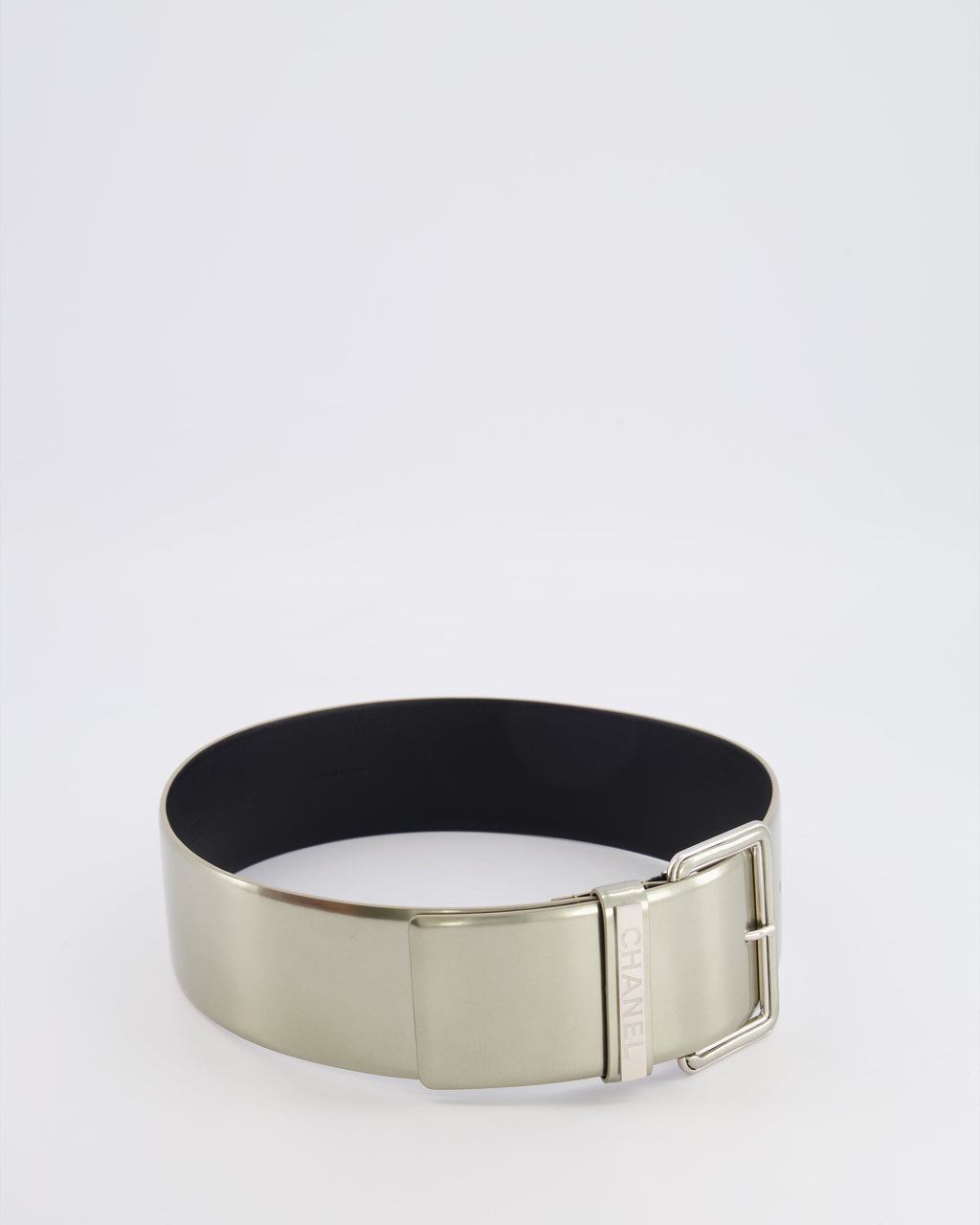 Chanel Silver Metallic Leather Large Belt with Silver Buckle and Engraved Logo Plate Detail 70cm
