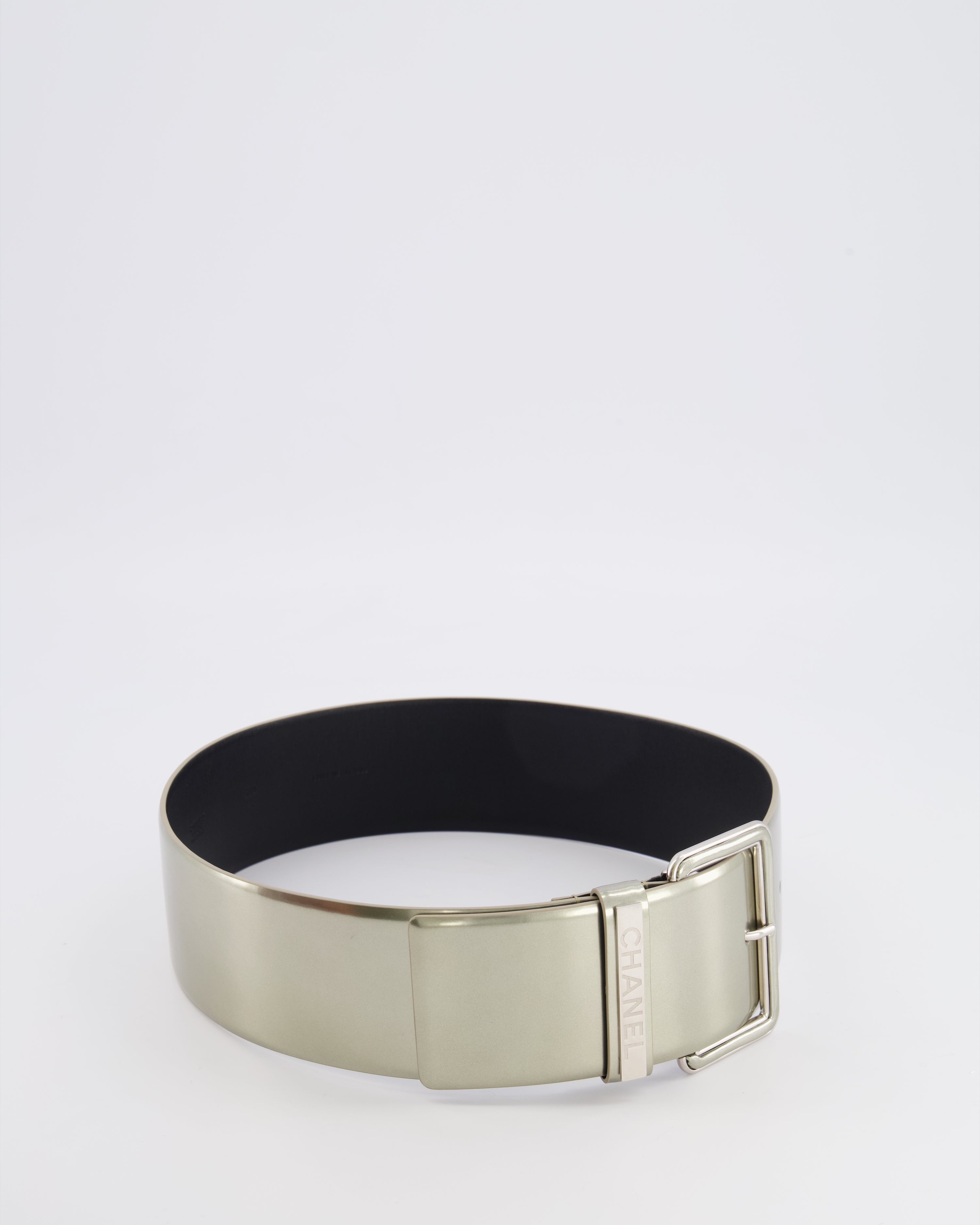 Chanel Silver Metallic Leather Large Belt with Silver Buckle and Engraved Logo Plate Detail 70cm