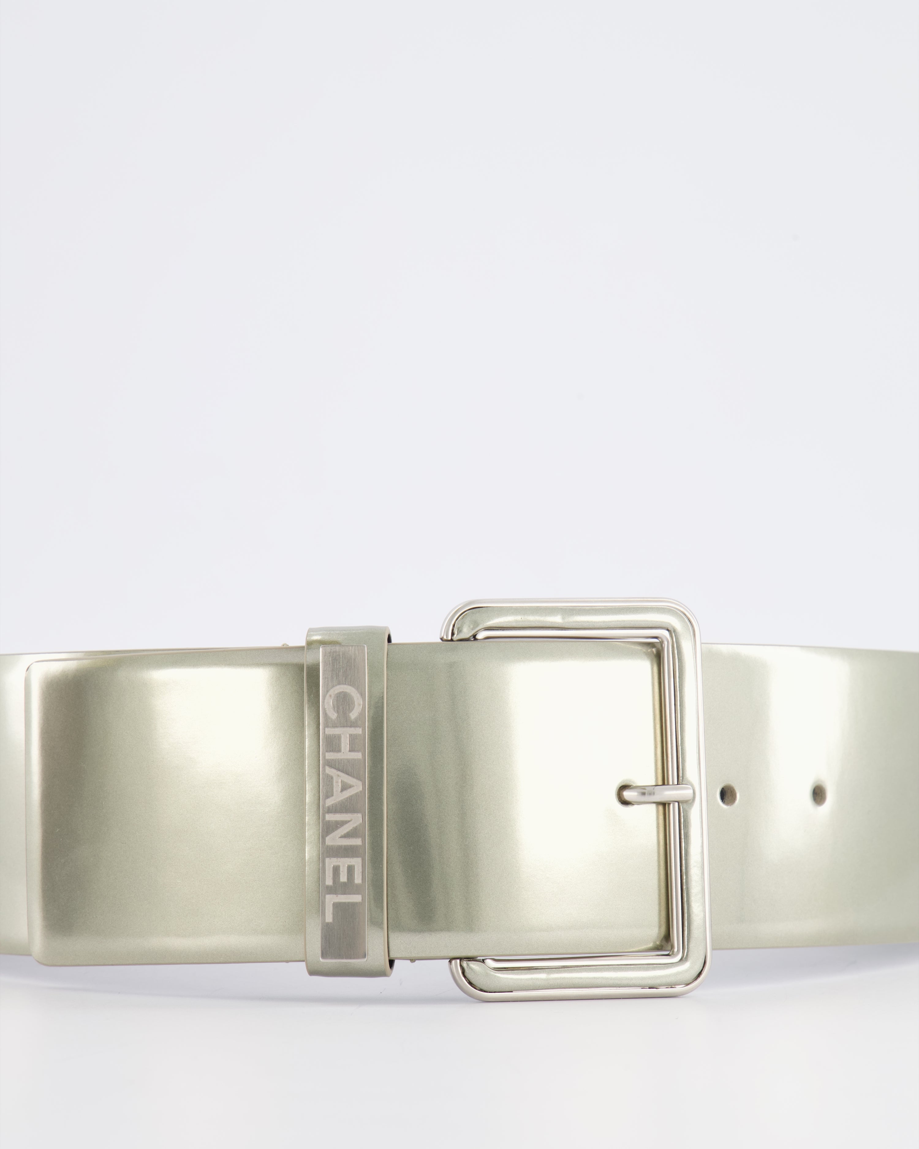Chanel Silver Metallic Leather Large Belt with Silver Buckle and Engraved Logo Plate Detail 70cm