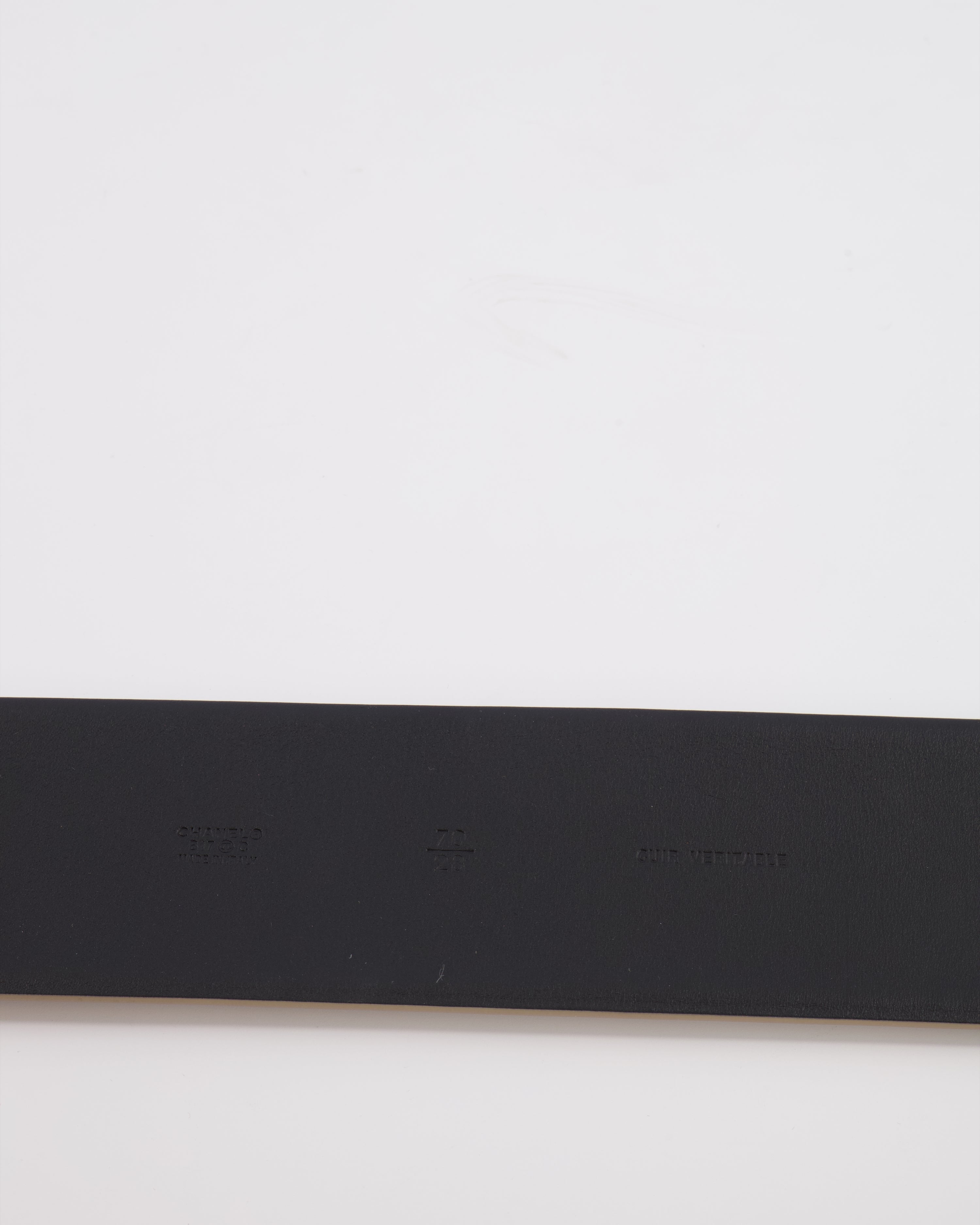 Chanel Silver Metallic Leather Large Belt with Silver Buckle and Engraved Logo Plate Detail 70cm