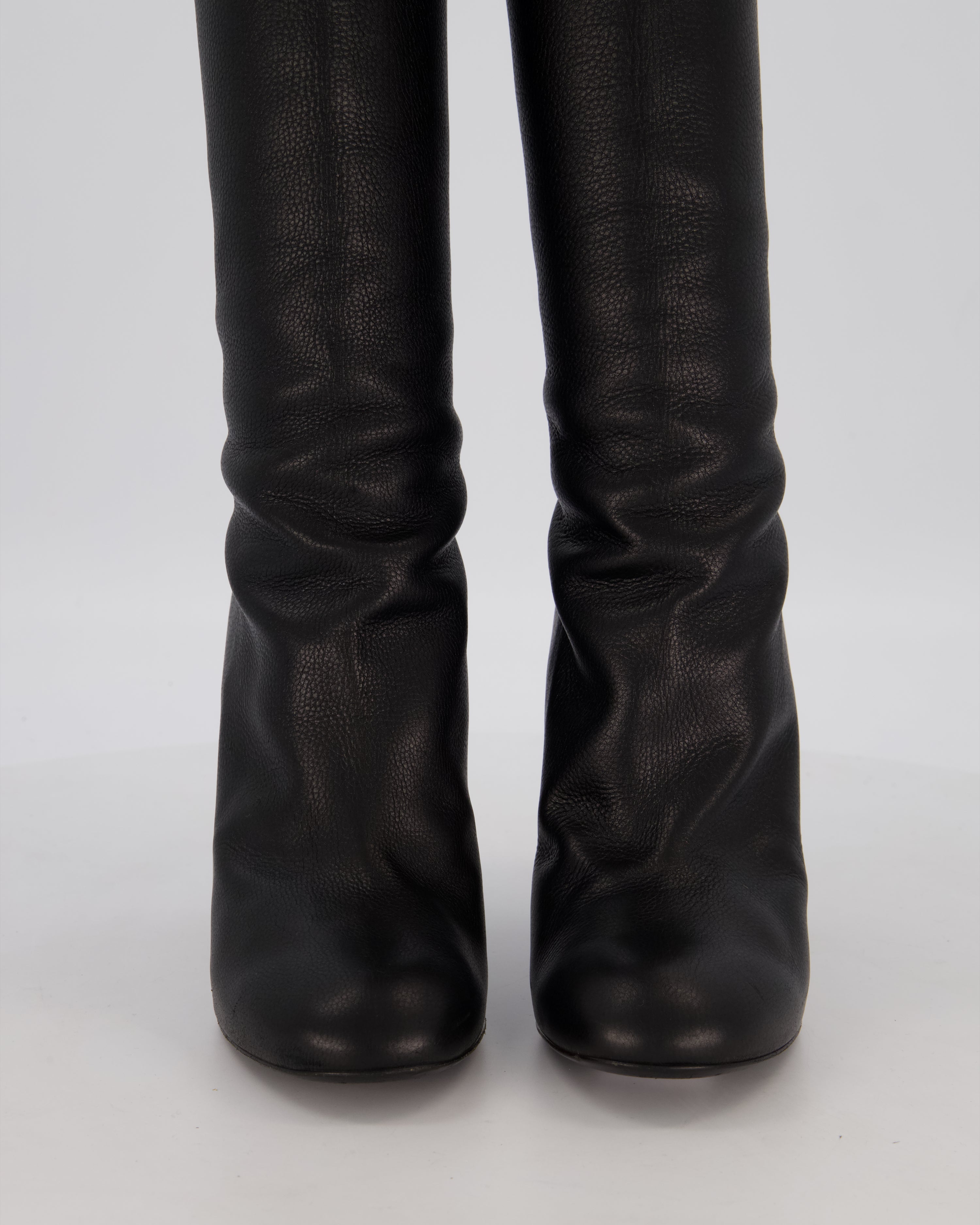 Chanel Black Knee-High Leather Boots with CC Pearl Detail Size EU 37 C