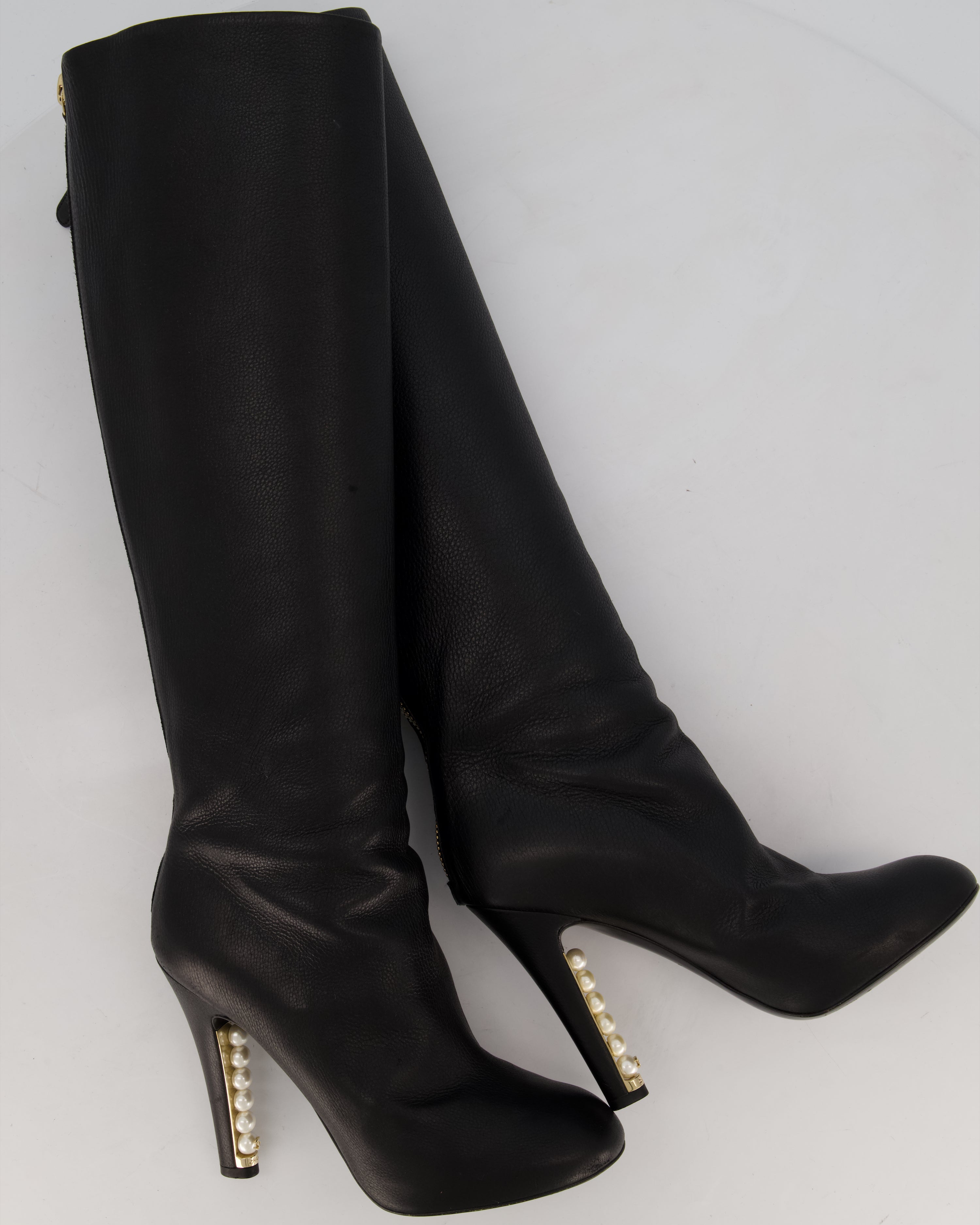 Chanel Black Knee-High Leather Boots with CC Pearl Detail Size EU 37 C