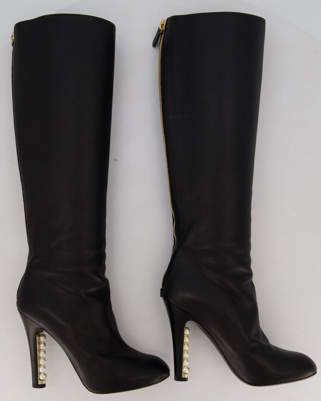 Chanel Black Knee-High Leather Boots with CC Pearl Detail Size EU 37 C