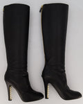 Chanel Black Knee-High Leather Boots with CC Pearl Detail Size EU 37 C