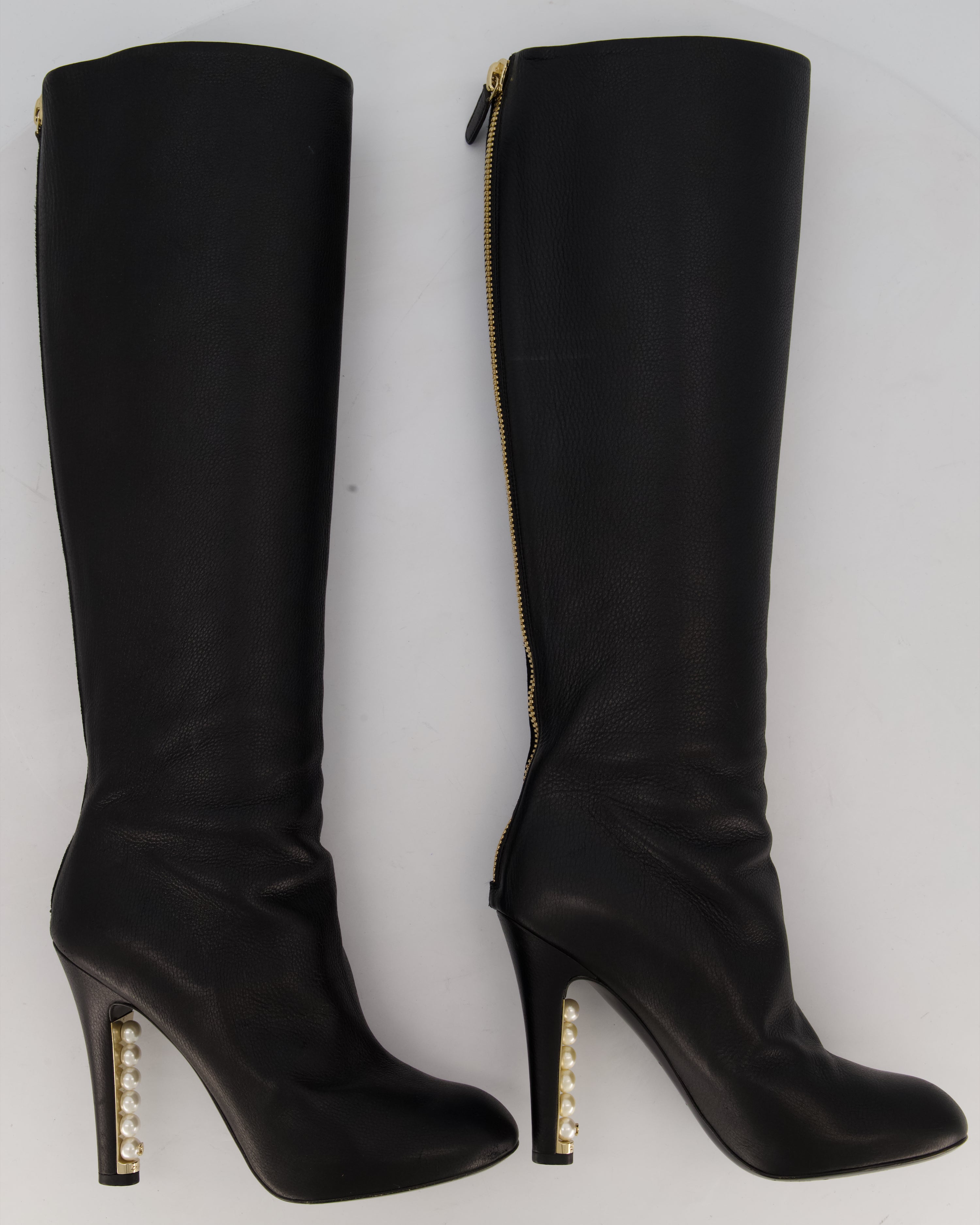 Chanel Black Knee-High Leather Boots with CC Pearl Detail Size EU 37 C