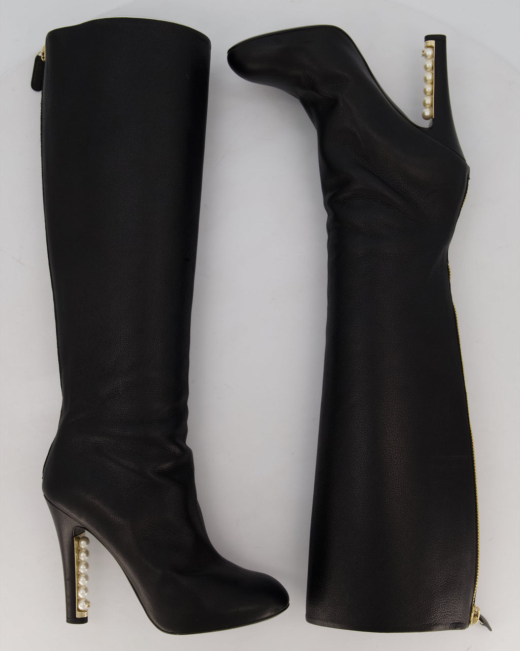 Chanel Black Knee-High Leather Boots with CC Pearl Detail Size EU 37 C