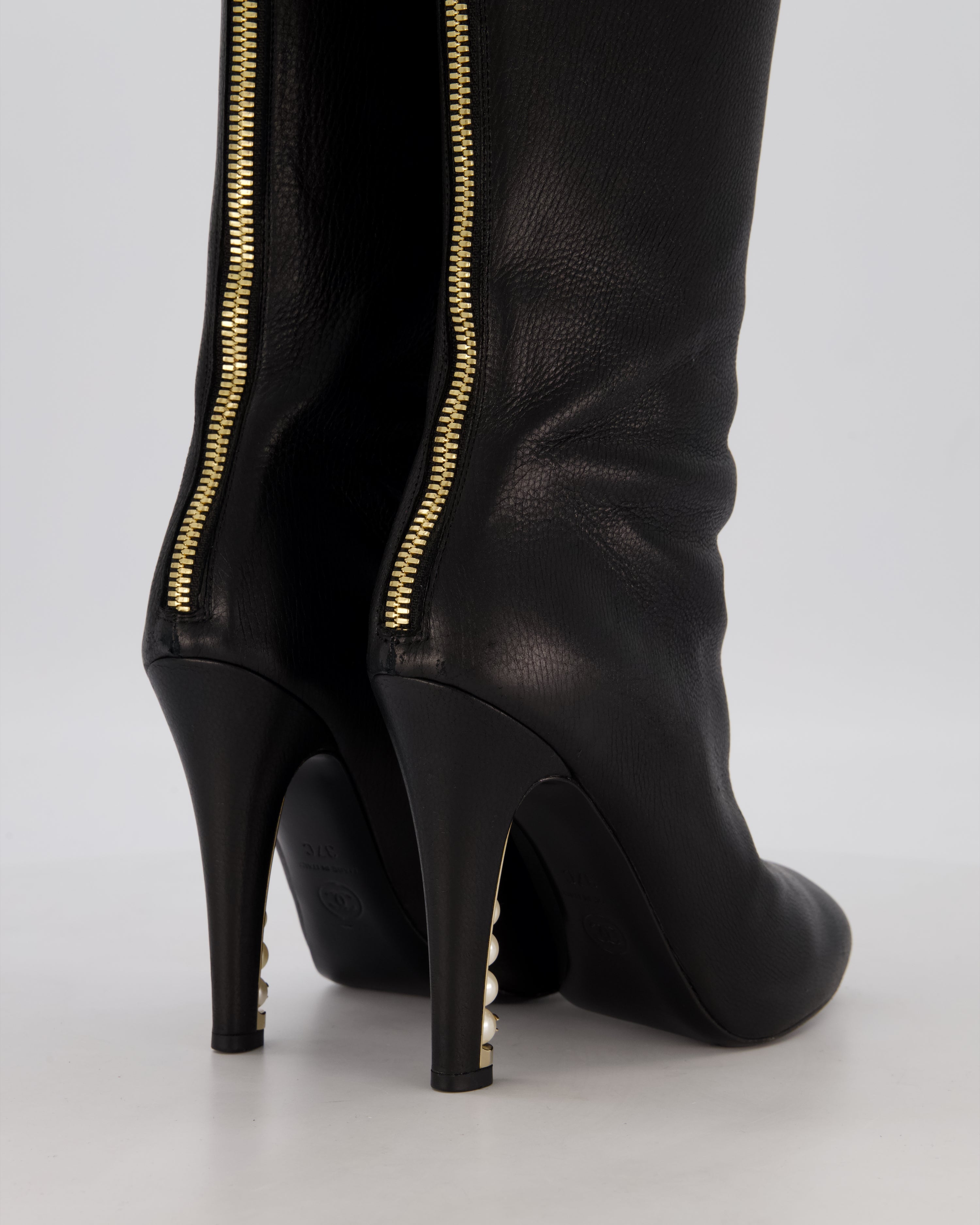 Chanel Black Knee-High Leather Boots with CC Pearl Detail Size EU 37 C