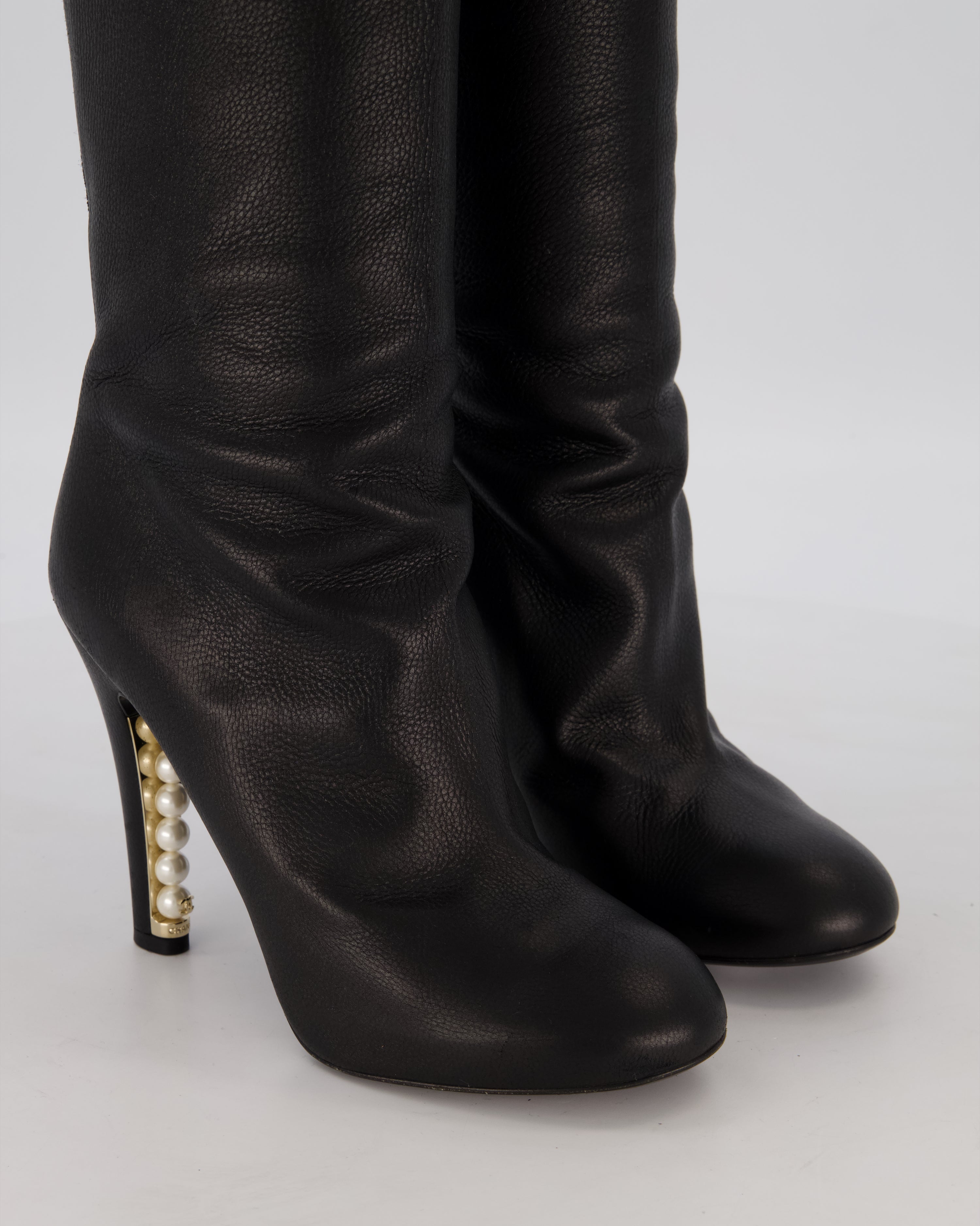 Chanel Black Knee-High Leather Boots with CC Pearl Detail Size EU 37 C