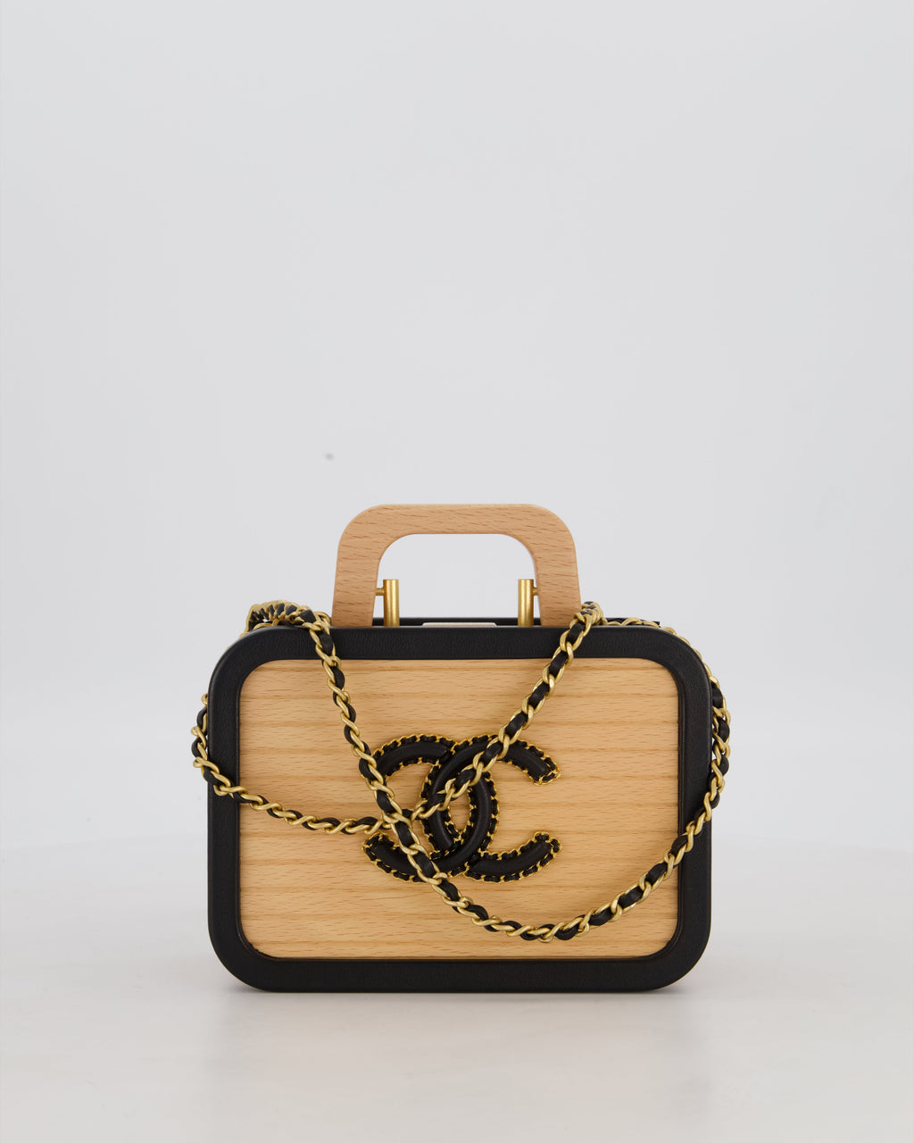 *VERY RARE* Chanel Brown Wooden Vanity Case Bag with Black CC Leather Chain Logo