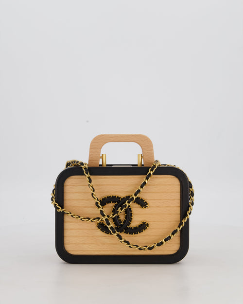 *VERY RARE* Chanel Brown Wooden Vanity Case Bag with Black CC Leather Chain Logo