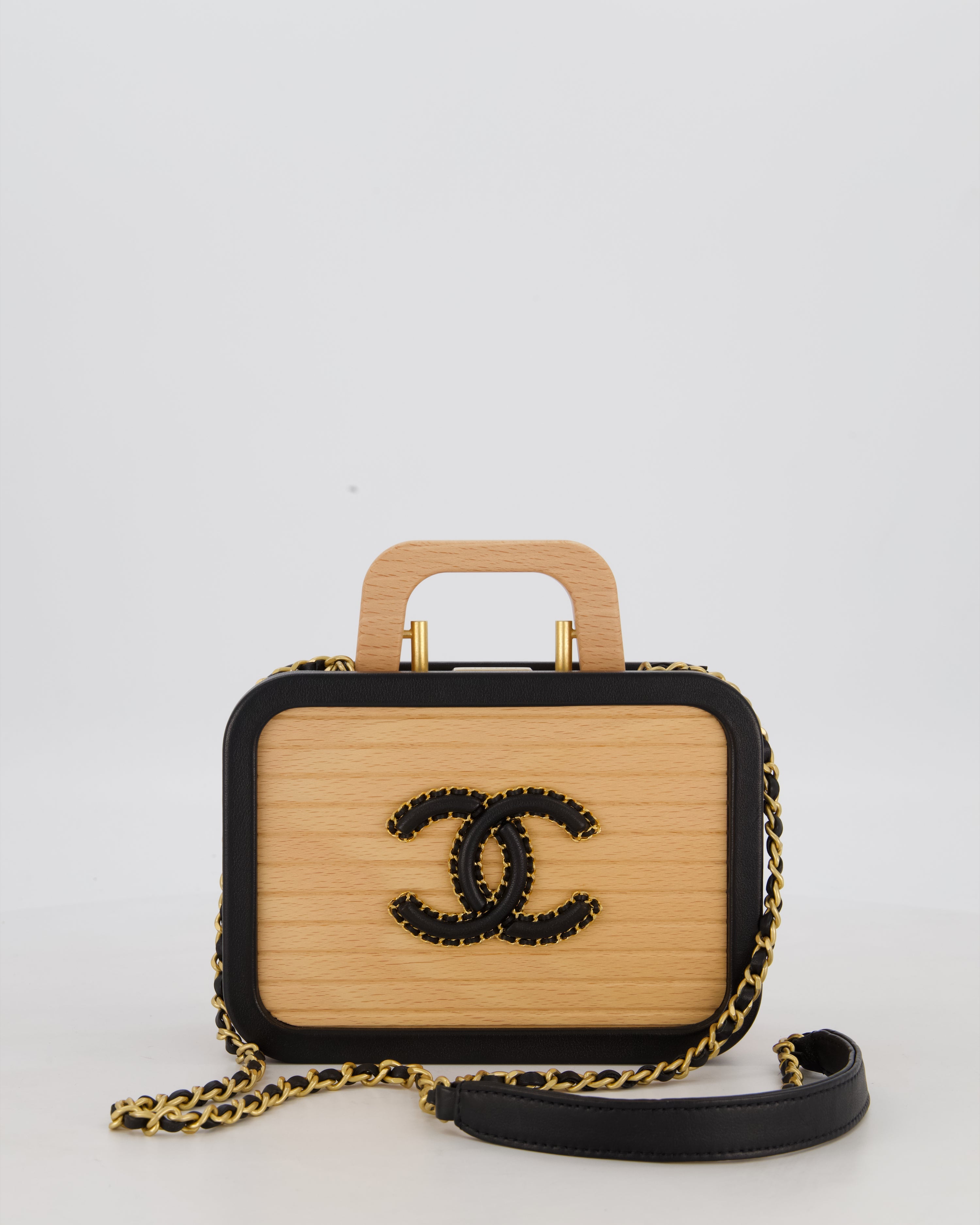*VERY RARE* Chanel Brown Wooden Vanity Case Bag with Black CC Leather Chain Logo