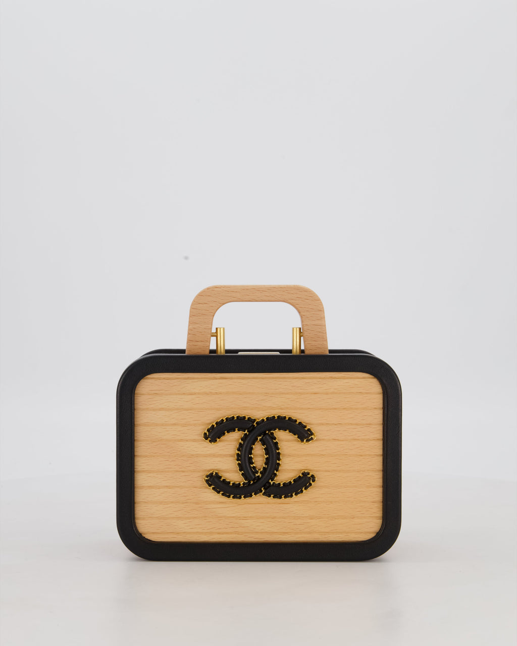 *VERY RARE* Chanel Brown Wooden Vanity Case Bag with Black CC Leather Chain Logo