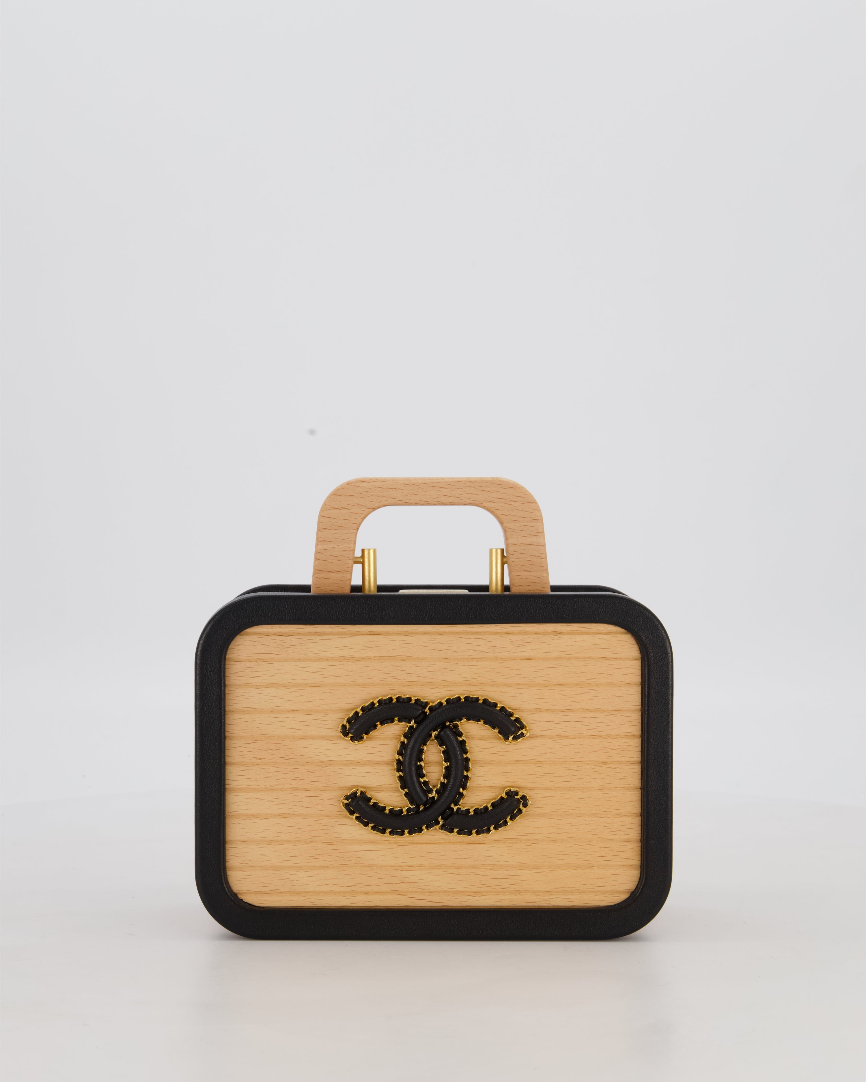 *VERY RARE* Chanel Brown Wooden Vanity Case Bag with Black CC Leather Chain Logo