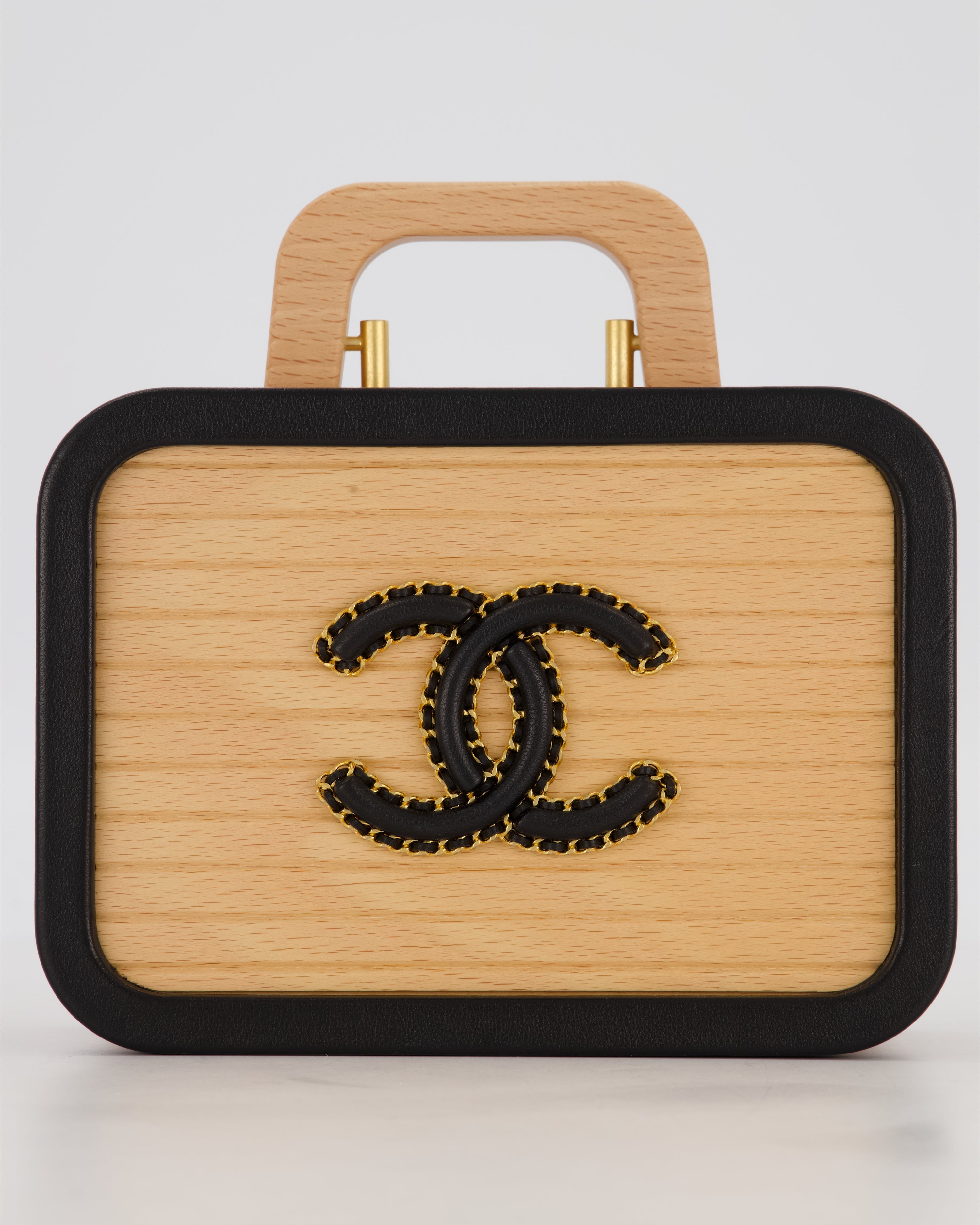 *VERY RARE* Chanel Brown Wooden Vanity Case Bag with Black CC Leather Chain Logo